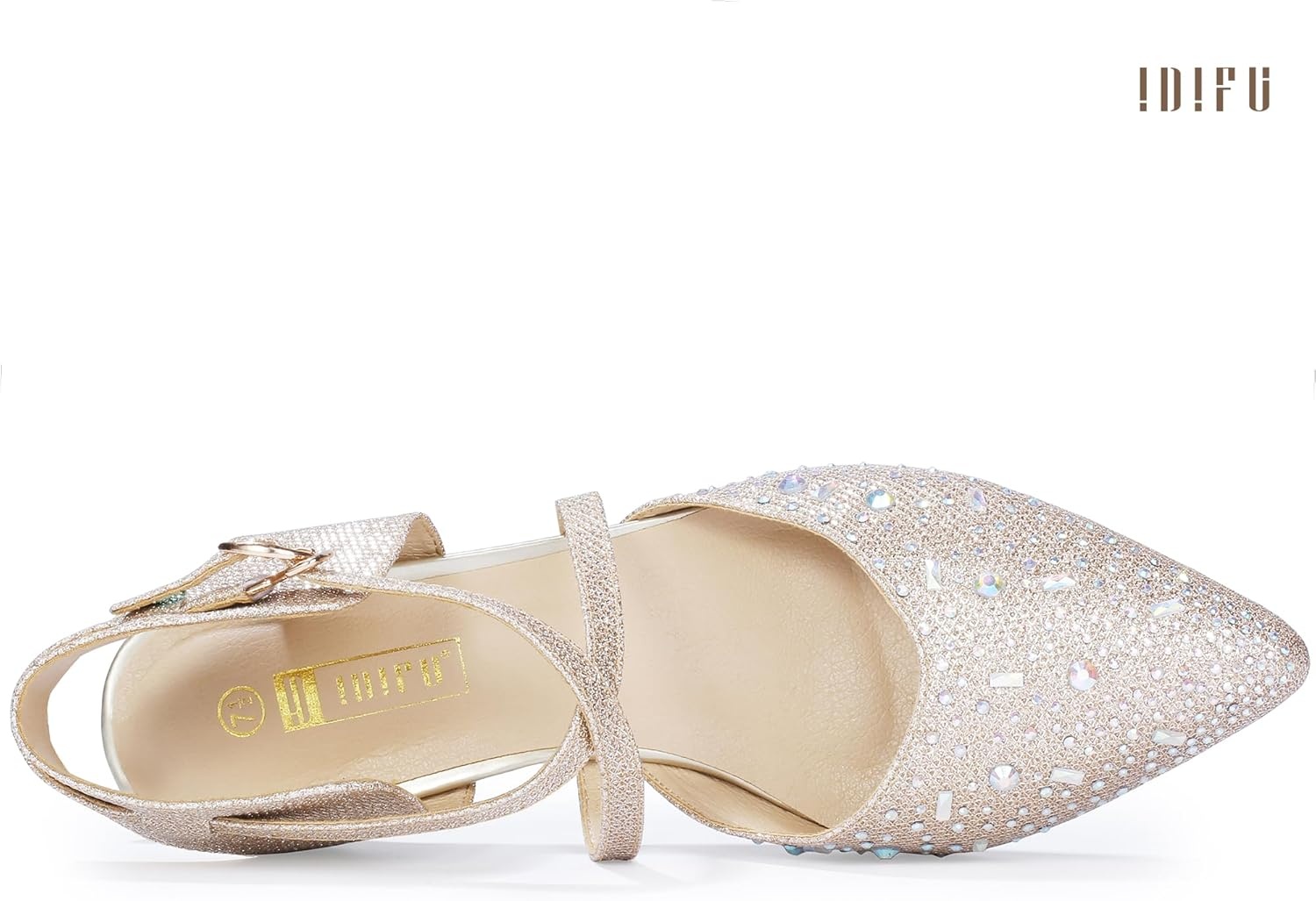 image:imageIDIFU IN2 Womens Pumps Closed Toe Low Heel Dress Shoes for Women Pointed Toe Kitten Heels Comfortable Casual Sparkly Rhinestone Wedding Bridal Formal Work Office Prom Party Strappy Ankle Strap HeelsGold