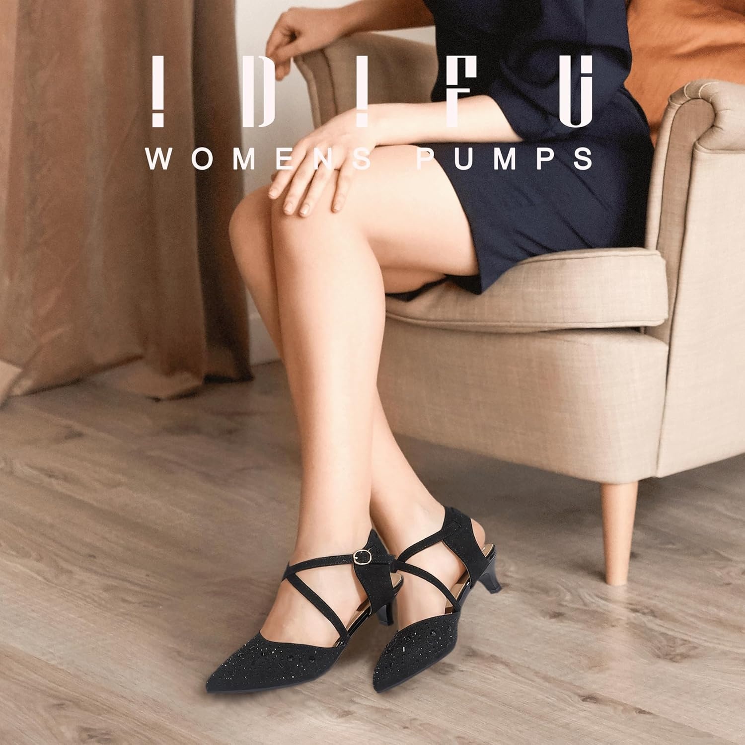 image:imageIDIFU IN2 Womens Pumps Closed Toe Low Heel Dress Shoes for Women Pointed Toe Kitten Heels Comfortable Casual Sparkly Rhinestone Wedding Bridal Formal Work Office Prom Party Strappy Ankle Strap HeelsBlack Suede