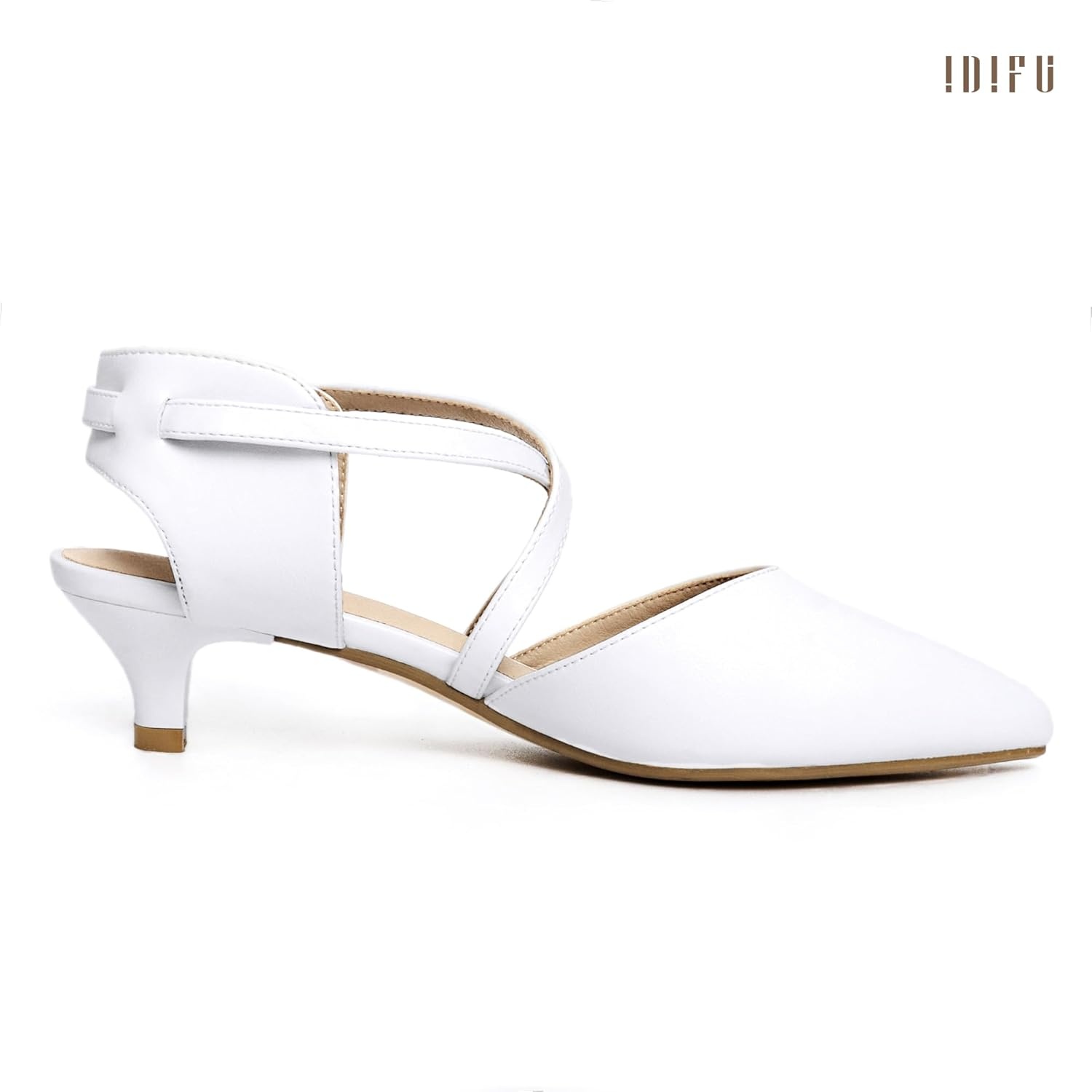 image:imageIDIFU IN2 Womens Pumps Closed Toe Low Heel Dress Shoes for Women Pointed Toe Kitten Heels Comfortable Casual Sparkly Rhinestone Wedding Bridal Formal Work Office Prom Party Strappy Ankle Strap HeelsWhite Pu Classic