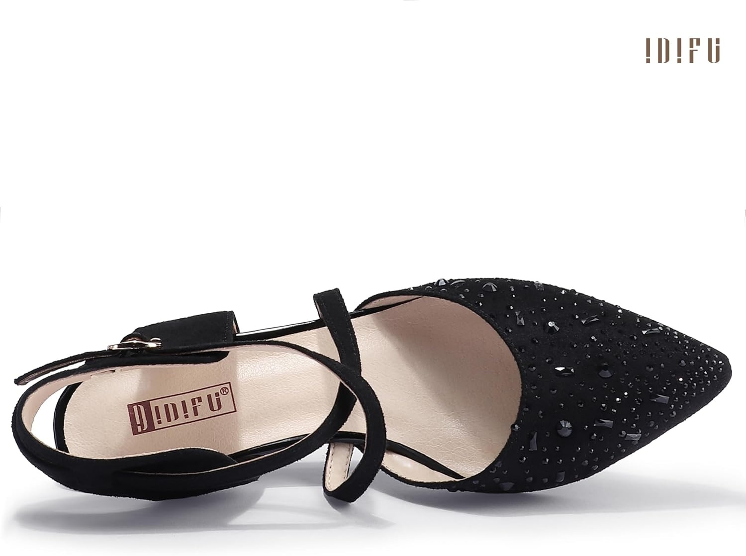 image:imageIDIFU IN2 Womens Pumps Closed Toe Low Heel Dress Shoes for Women Pointed Toe Kitten Heels Comfortable Casual Sparkly Rhinestone Wedding Bridal Formal Work Office Prom Party Strappy Ankle Strap HeelsBlack Suede