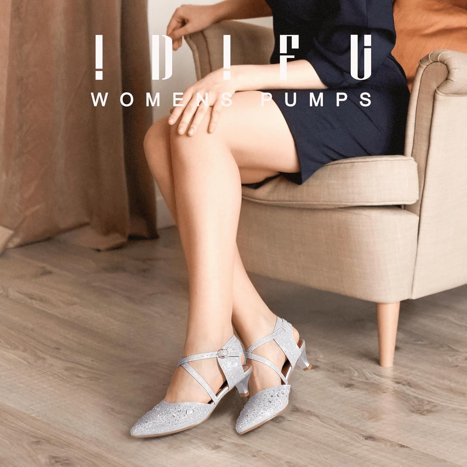 image:imageIDIFU IN2 Womens Pumps Closed Toe Low Heel Dress Shoes for Women Pointed Toe Kitten Heels Comfortable Casual Sparkly Rhinestone Wedding Bridal Formal Work Office Prom Party Strappy Ankle Strap HeelsSilver