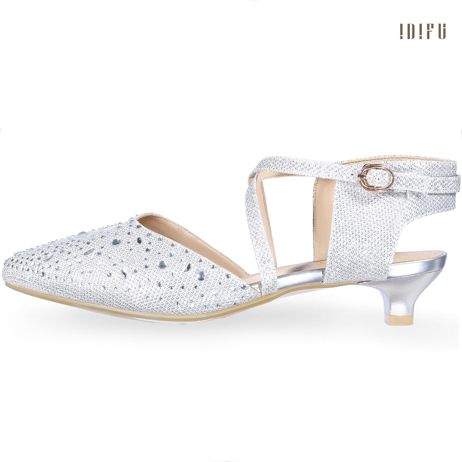 image:imageIDIFU IN2 Womens Pumps Closed Toe Low Heel Dress Shoes for Women Pointed Toe Kitten Heels Comfortable Casual Sparkly Rhinestone Wedding Bridal Formal Work Office Prom Party Strappy Ankle Strap HeelsSilver