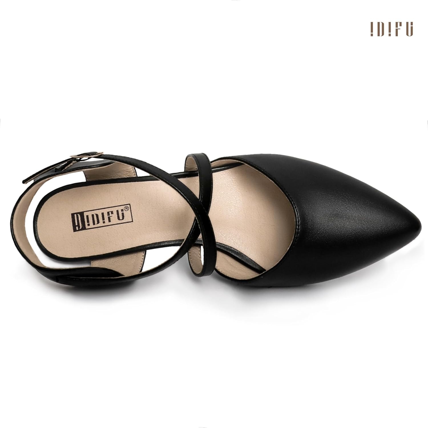 image:imageIDIFU IN2 Womens Pumps Closed Toe Low Heel Dress Shoes for Women Pointed Toe Kitten Heels Comfortable Casual Sparkly Rhinestone Wedding Bridal Formal Work Office Prom Party Strappy Ankle Strap HeelsBlack Pu Classic