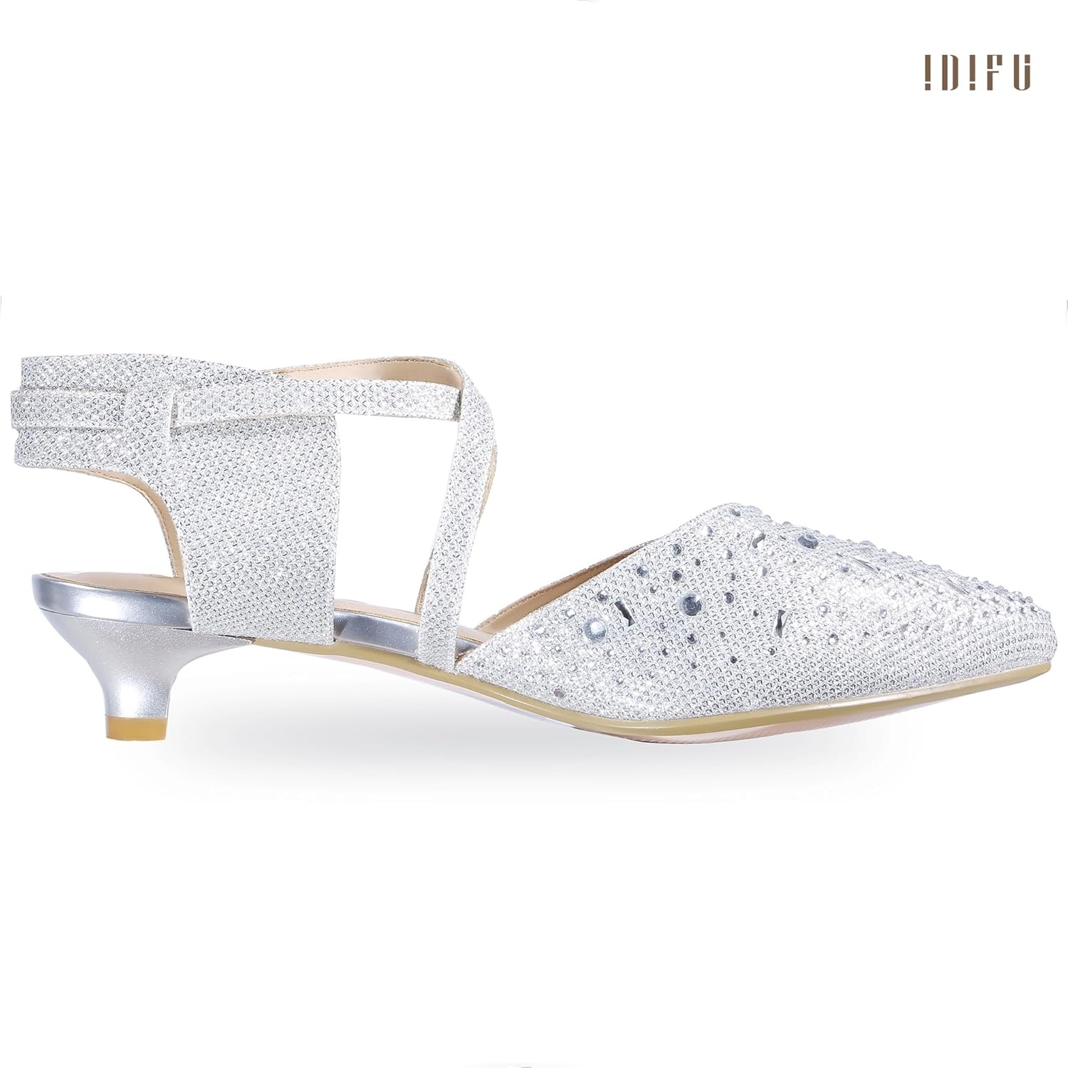 image:imageIDIFU IN2 Womens Pumps Closed Toe Low Heel Dress Shoes for Women Pointed Toe Kitten Heels Comfortable Casual Sparkly Rhinestone Wedding Bridal Formal Work Office Prom Party Strappy Ankle Strap HeelsSilver