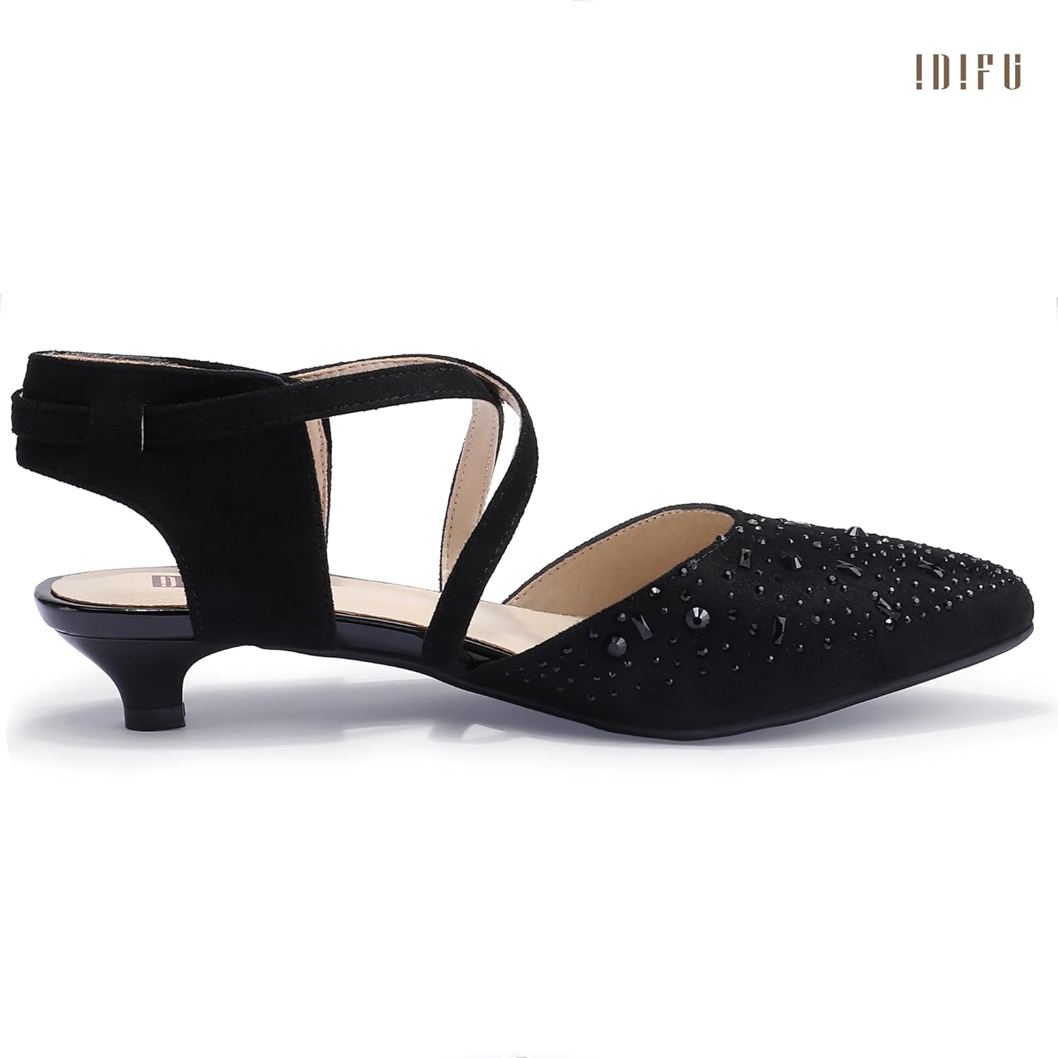 image:imageIDIFU IN2 Womens Pumps Closed Toe Low Heel Dress Shoes for Women Pointed Toe Kitten Heels Comfortable Casual Sparkly Rhinestone Wedding Bridal Formal Work Office Prom Party Strappy Ankle Strap HeelsBlack Suede