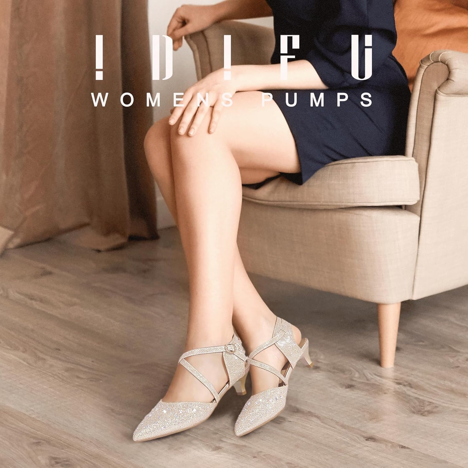 image:imageIDIFU IN2 Womens Pumps Closed Toe Low Heel Dress Shoes for Women Pointed Toe Kitten Heels Comfortable Casual Sparkly Rhinestone Wedding Bridal Formal Work Office Prom Party Strappy Ankle Strap HeelsGold