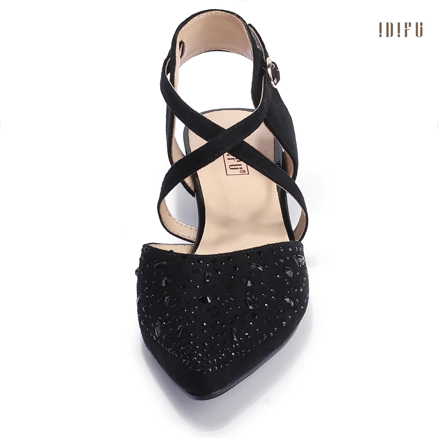 image:imageIDIFU IN2 Womens Pumps Closed Toe Low Heel Dress Shoes for Women Pointed Toe Kitten Heels Comfortable Casual Sparkly Rhinestone Wedding Bridal Formal Work Office Prom Party Strappy Ankle Strap HeelsBlack Suede