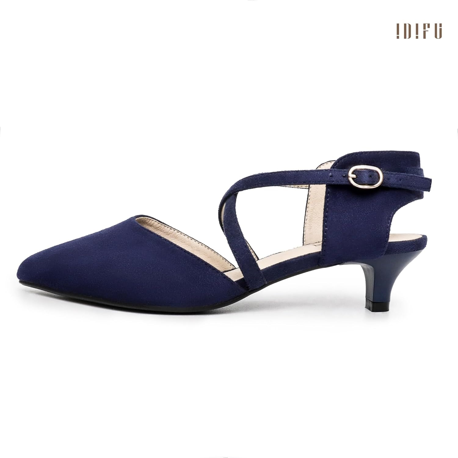 image:imageIDIFU IN2 Womens Pumps Closed Toe Low Heel Dress Shoes for Women Pointed Toe Kitten Heels Comfortable Casual Sparkly Rhinestone Wedding Bridal Formal Work Office Prom Party Strappy Ankle Strap HeelsBlue Suede Classic