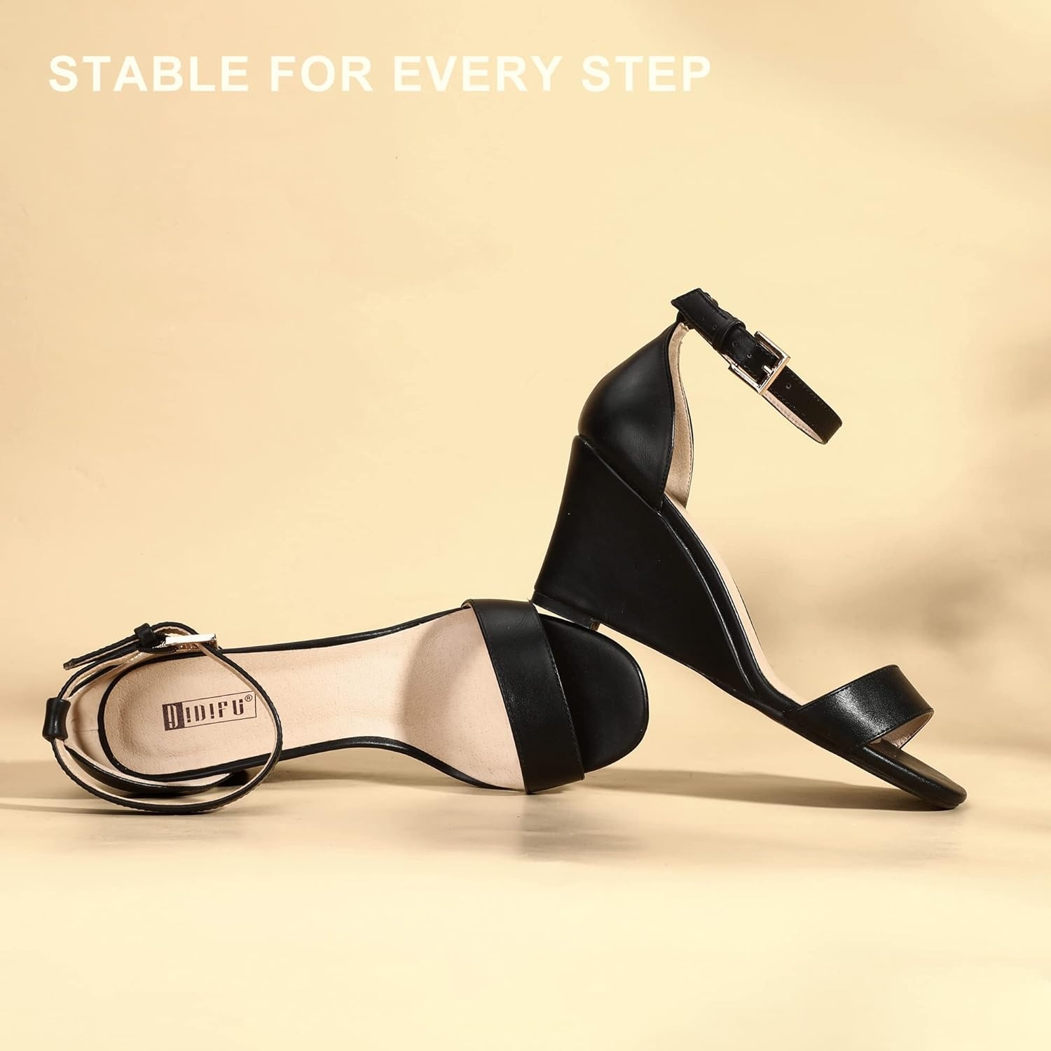 image:imageIDIFU Womens Classic Wedge Heels Sandals 3 Inch Ankle Strap Open Toe Evening Dress Wedding ShoesBlack Pu
