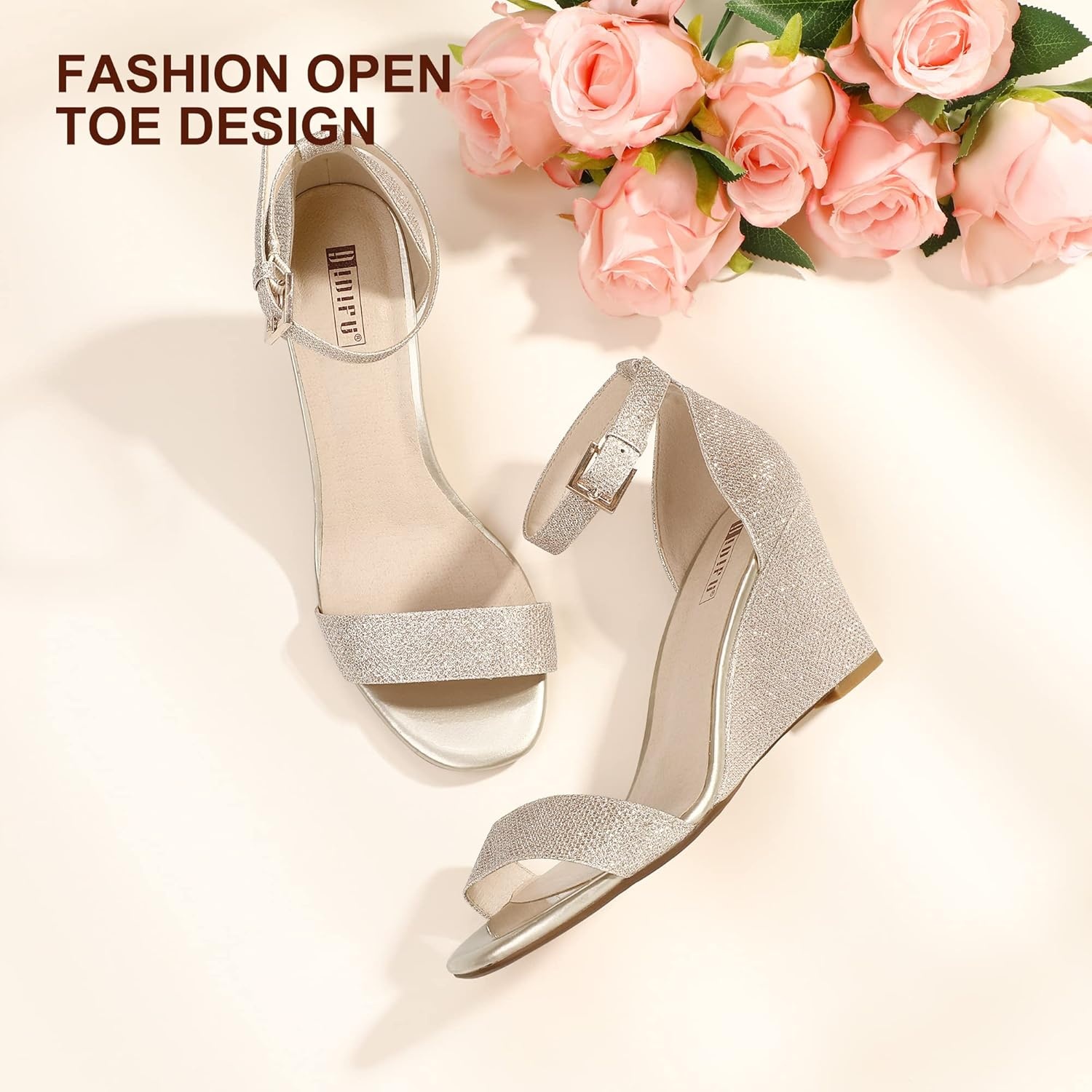 image:imageIDIFU Womens Classic Wedge Heels Sandals 3 Inch Ankle Strap Open Toe Evening Dress Wedding ShoesGold Glitter