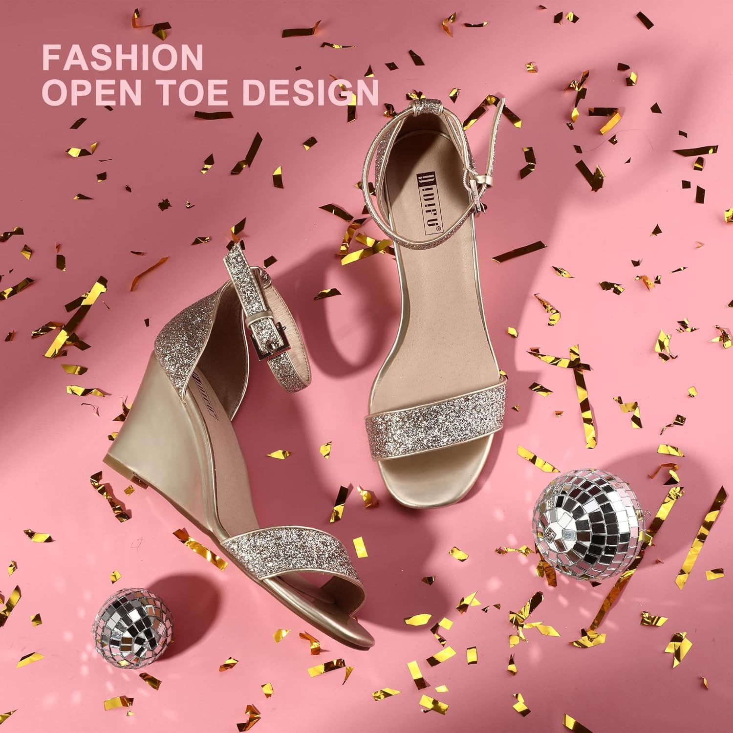 image:imageIDIFU Womens Classic Wedge Heels Sandals 3 Inch Ankle Strap Open Toe Evening Dress Wedding ShoesGold Sparkle