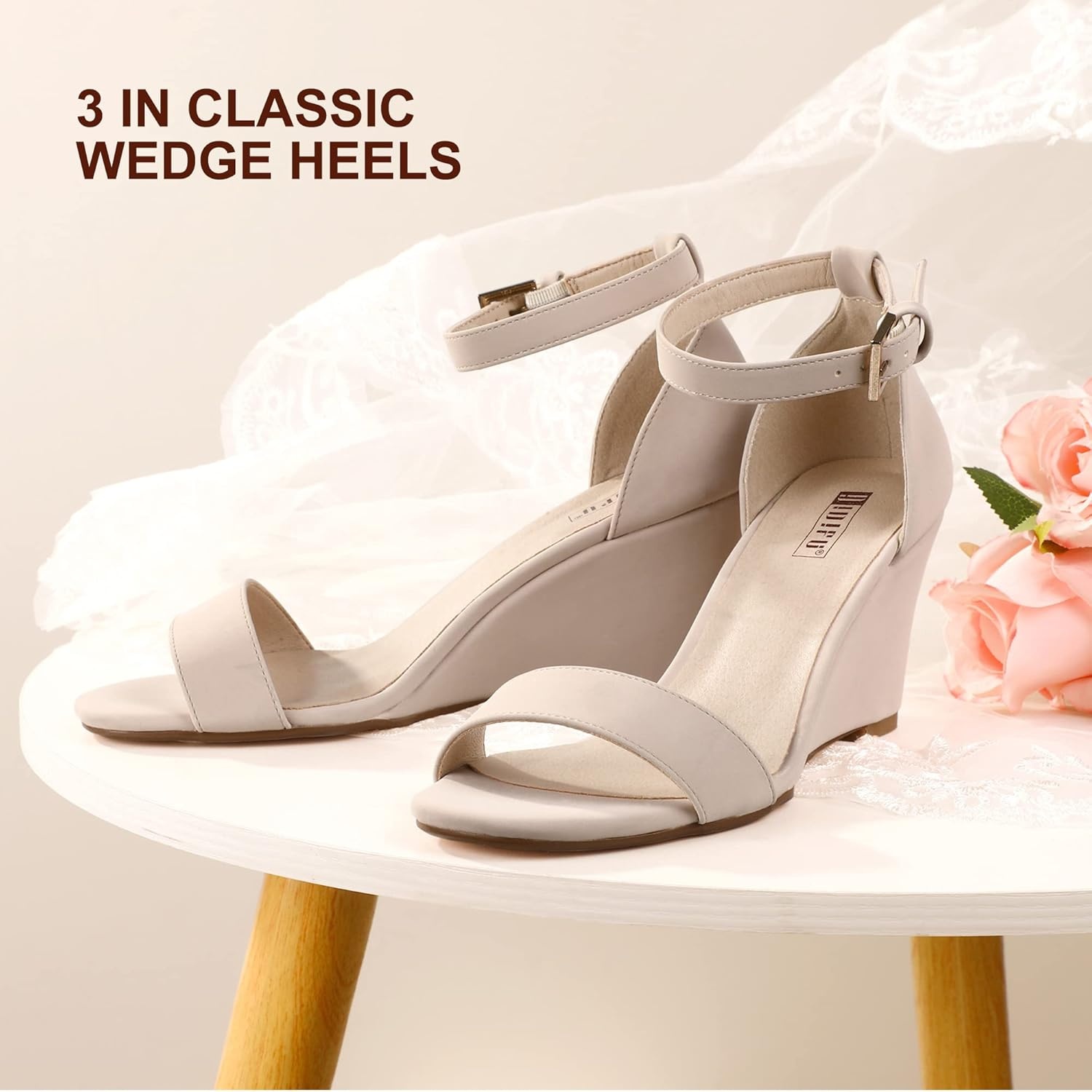 image:imageIDIFU Womens Classic Wedge Heels Sandals 3 Inch Ankle Strap Open Toe Evening Dress Wedding ShoesNude Nubuck