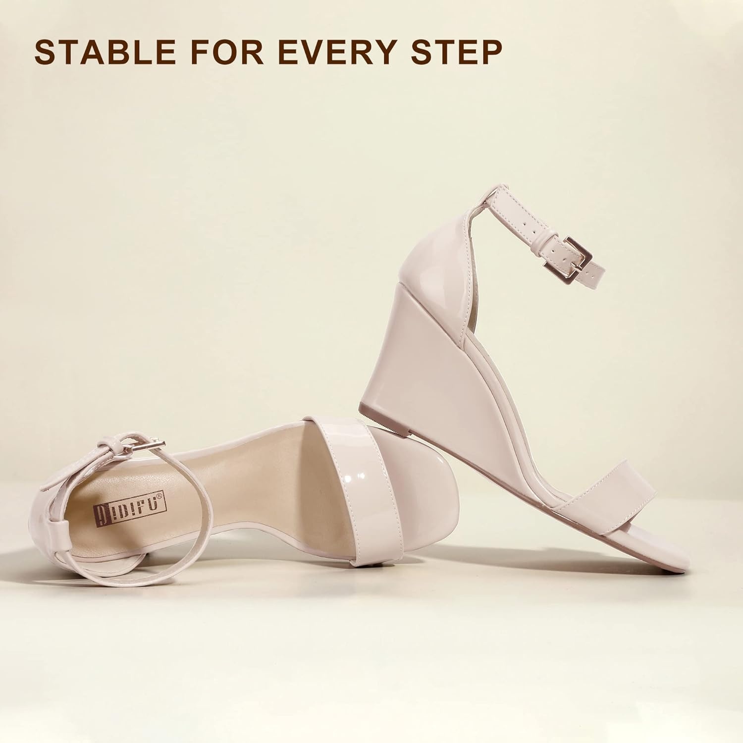 image:imageIDIFU Womens Classic Wedge Heels Sandals 3 Inch Ankle Strap Open Toe Evening Dress Wedding ShoesNude Patent