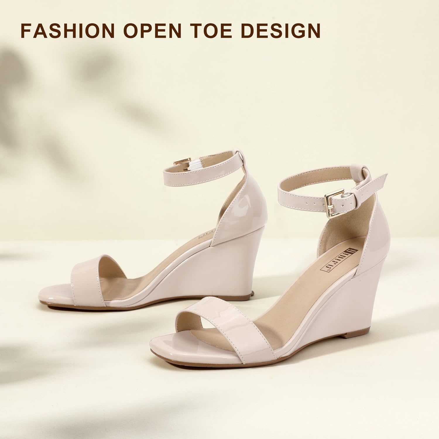 image:imageIDIFU Womens Classic Wedge Heels Sandals 3 Inch Ankle Strap Open Toe Evening Dress Wedding ShoesNude Patent
