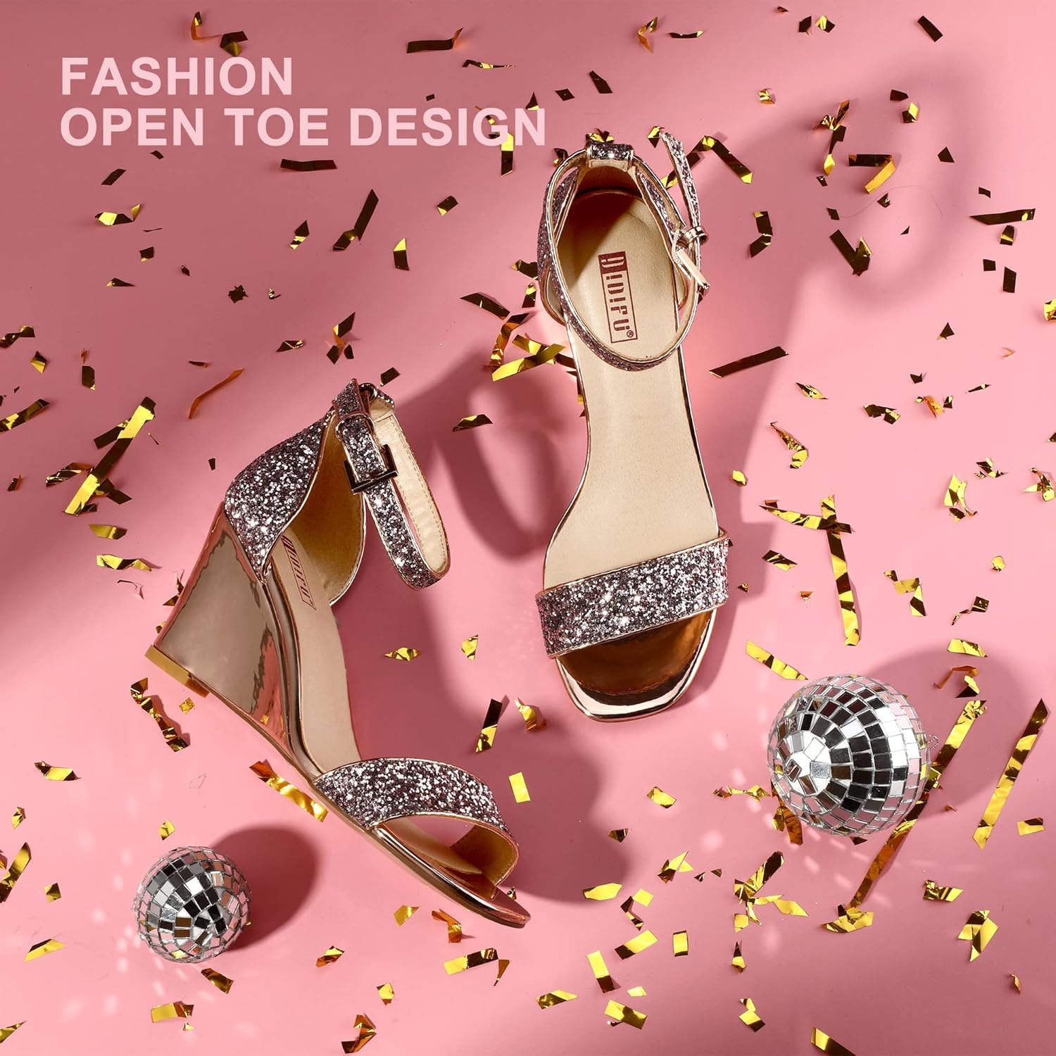 image:imageIDIFU Womens Classic Wedge Heels Sandals 3 Inch Ankle Strap Open Toe Evening Dress Wedding ShoesRose Gold Glitter