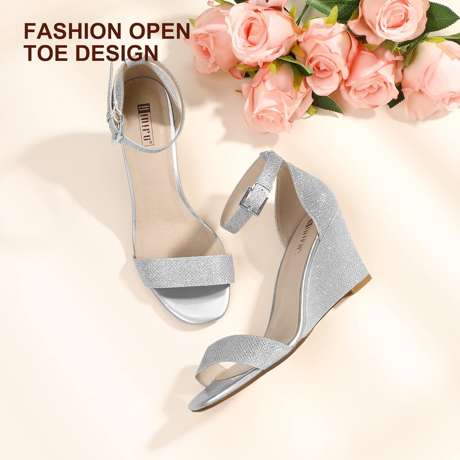 image:imageIDIFU Womens Classic Wedge Heels Sandals 3 Inch Ankle Strap Open Toe Evening Dress Wedding ShoesSilver Glitter