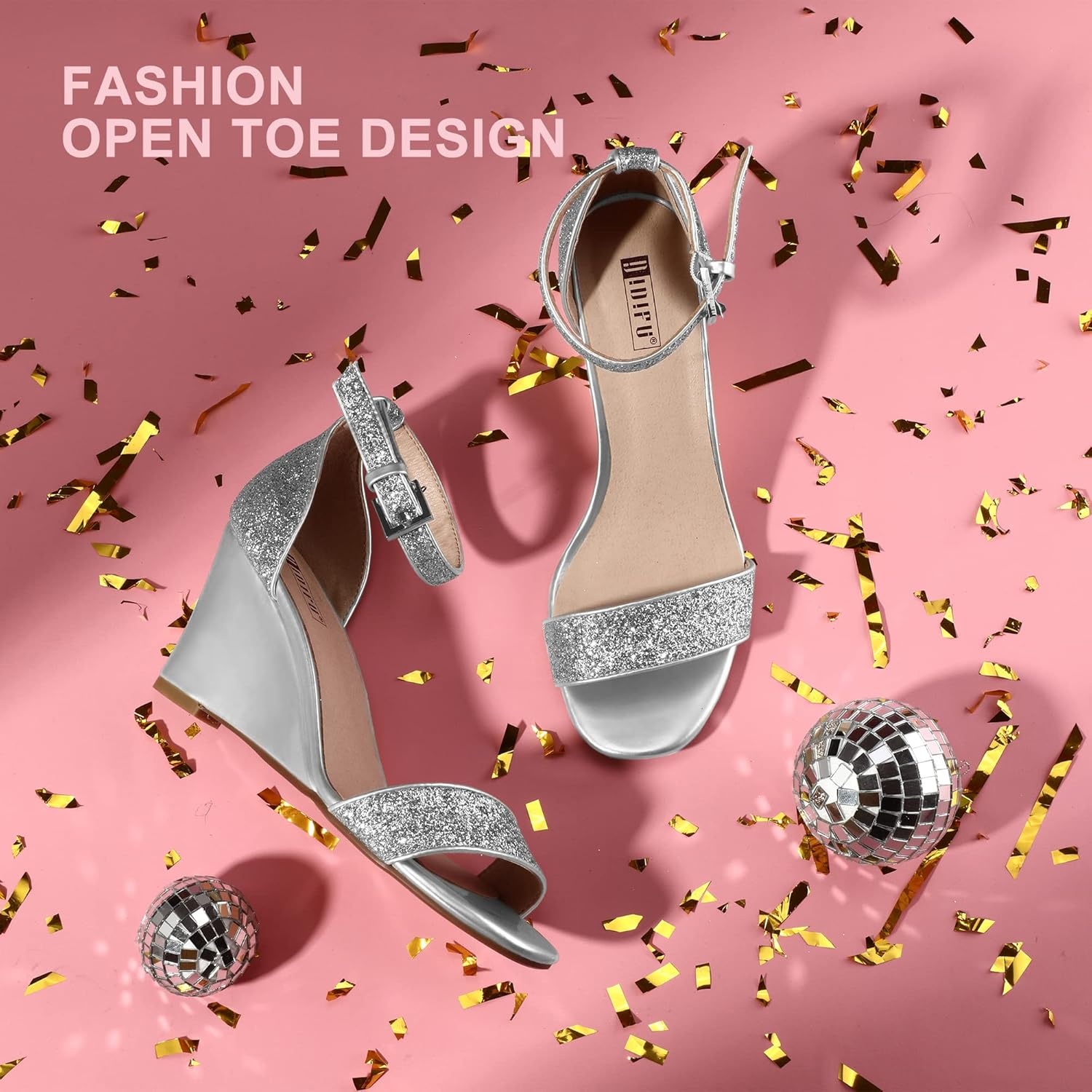 image:imageIDIFU Womens Classic Wedge Heels Sandals 3 Inch Ankle Strap Open Toe Evening Dress Wedding ShoesSilver Sparkle
