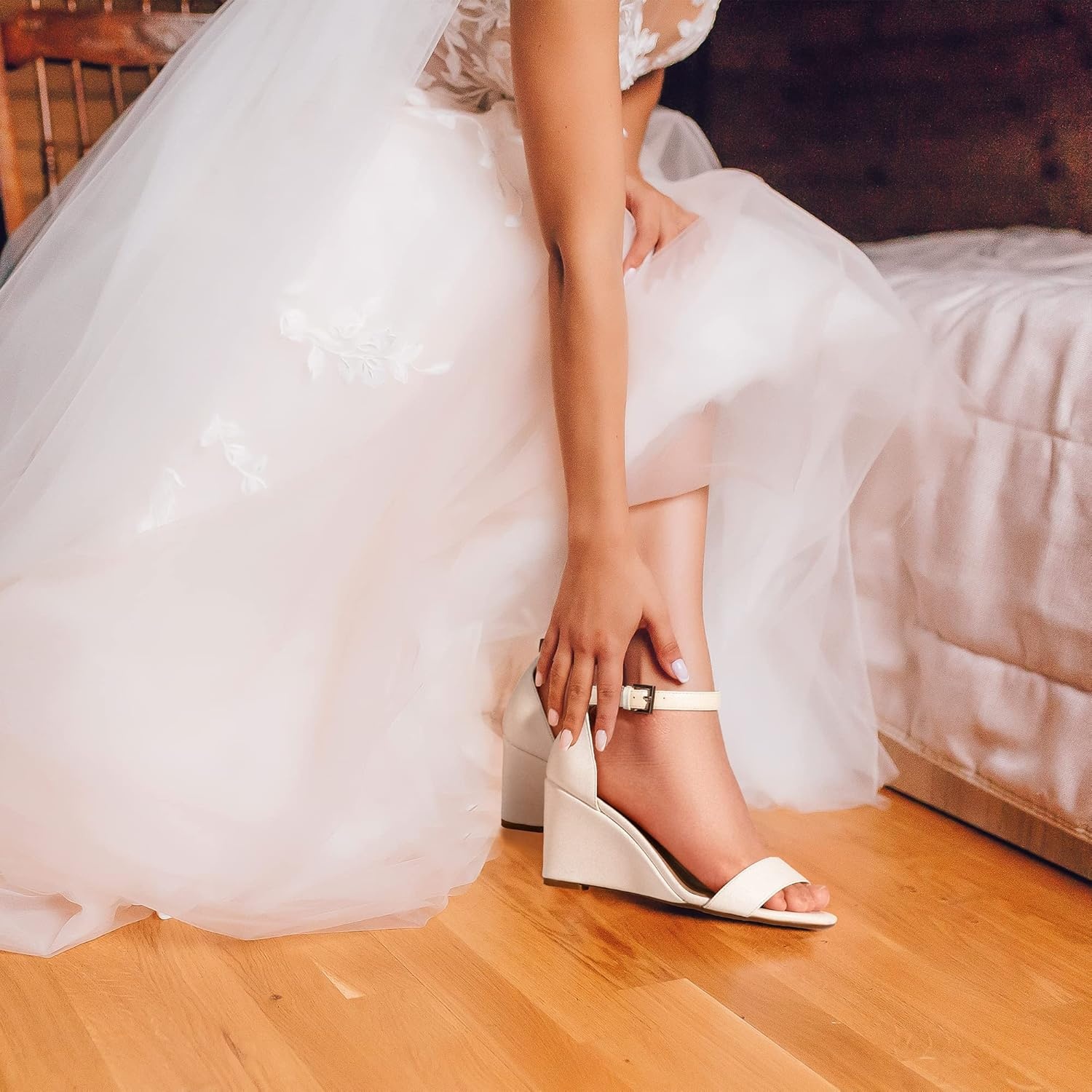 image:imageIDIFU Womens Classic Wedge Heels Sandals 3 Inch Ankle Strap Open Toe Evening Dress Wedding ShoesWhite Pu
