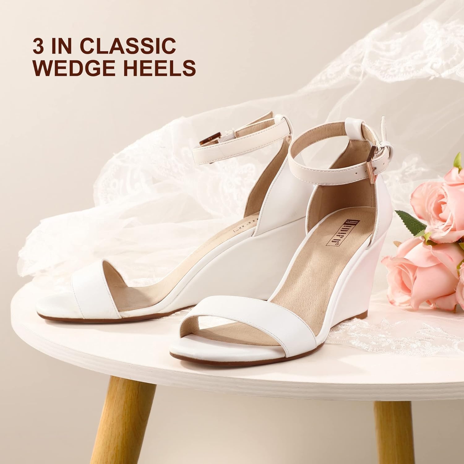 image:imageIDIFU Womens Classic Wedge Heels Sandals 3 Inch Ankle Strap Open Toe Evening Dress Wedding ShoesWhite Pu