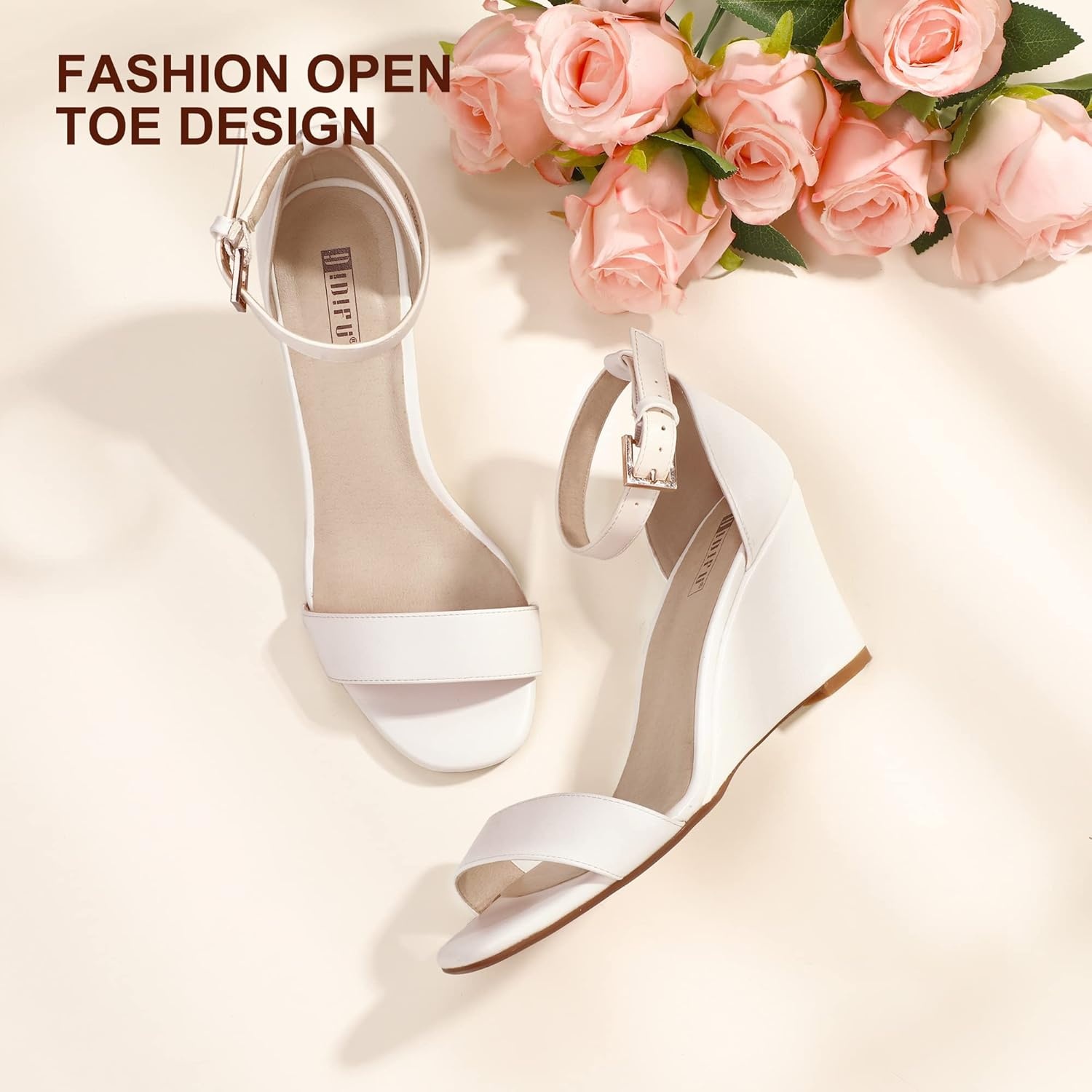 image:imageIDIFU Womens Classic Wedge Heels Sandals 3 Inch Ankle Strap Open Toe Evening Dress Wedding ShoesWhite Pu