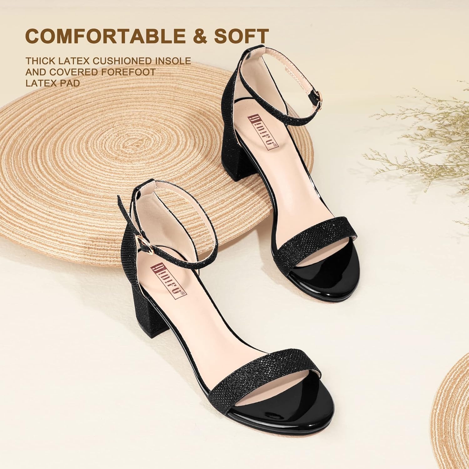 image:imageIDIFU Womens CookieLO Low Block Heels Chunky Sandals Ankle Strap Wedding Dress Pump ShoesCookielo Black Glitter