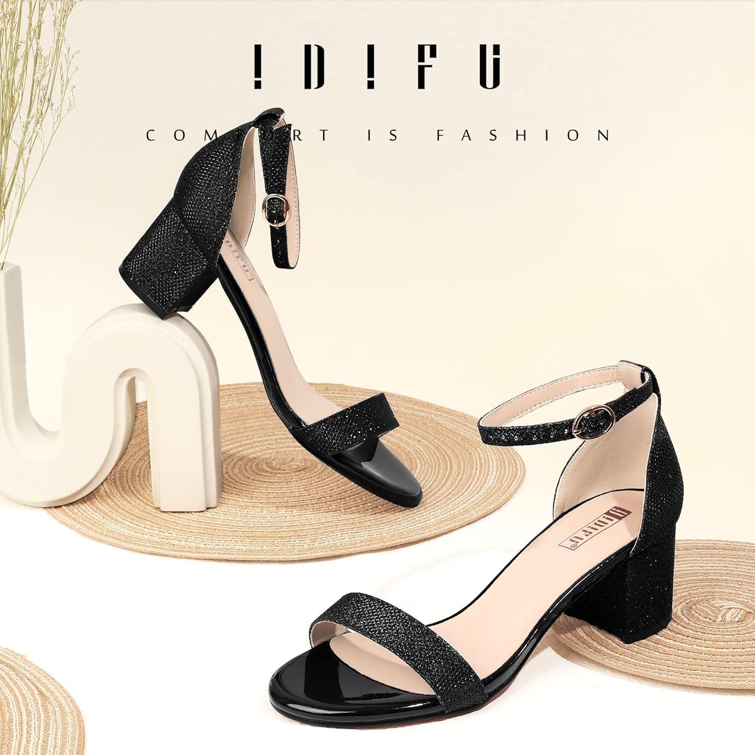 image:imageIDIFU Womens CookieLO Low Block Heels Chunky Sandals Ankle Strap Wedding Dress Pump ShoesCookielo Black Glitter