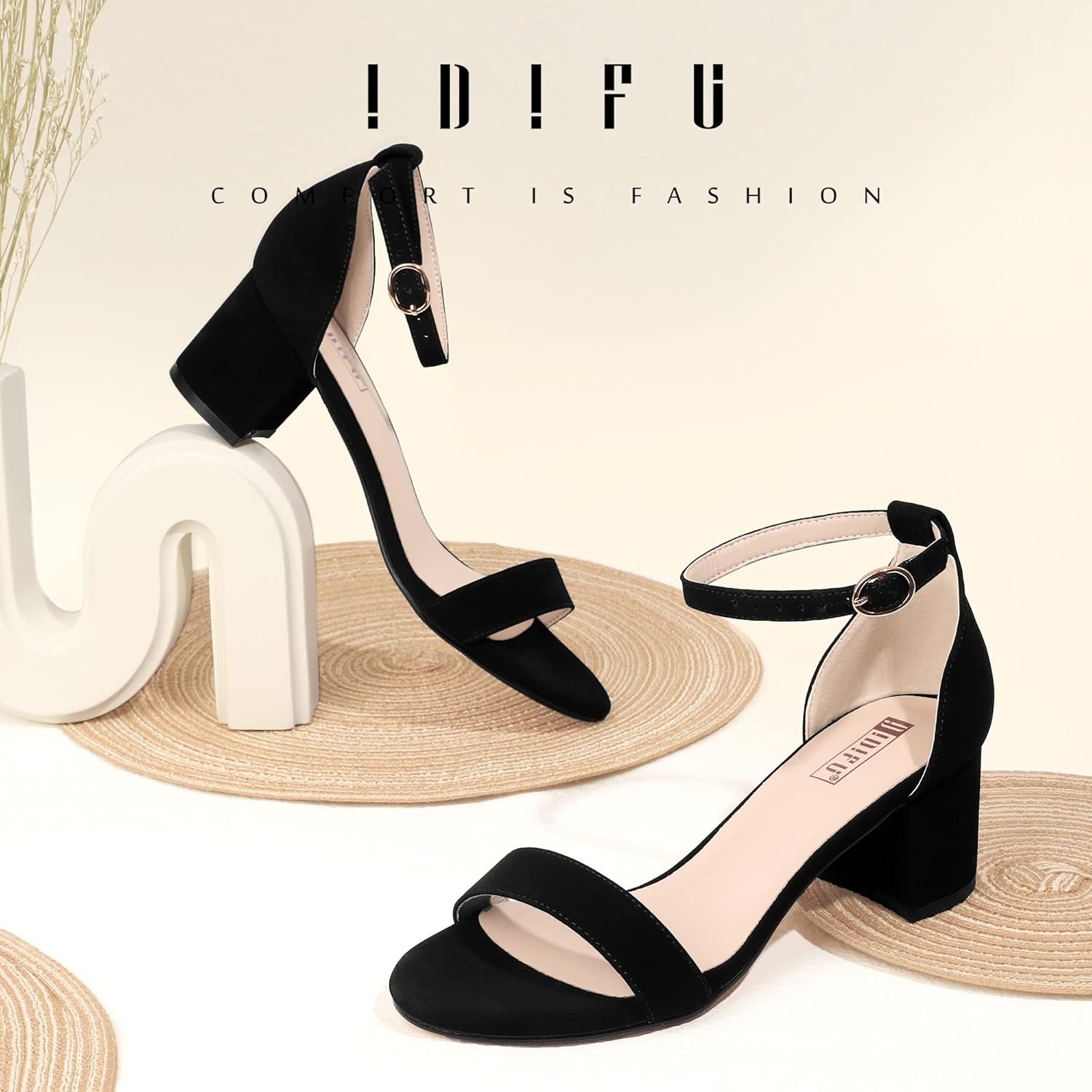 image:imageIDIFU Womens CookieLO Low Block Heels Chunky Sandals Ankle Strap Wedding Dress Pump ShoesCookielo Black Nubuck