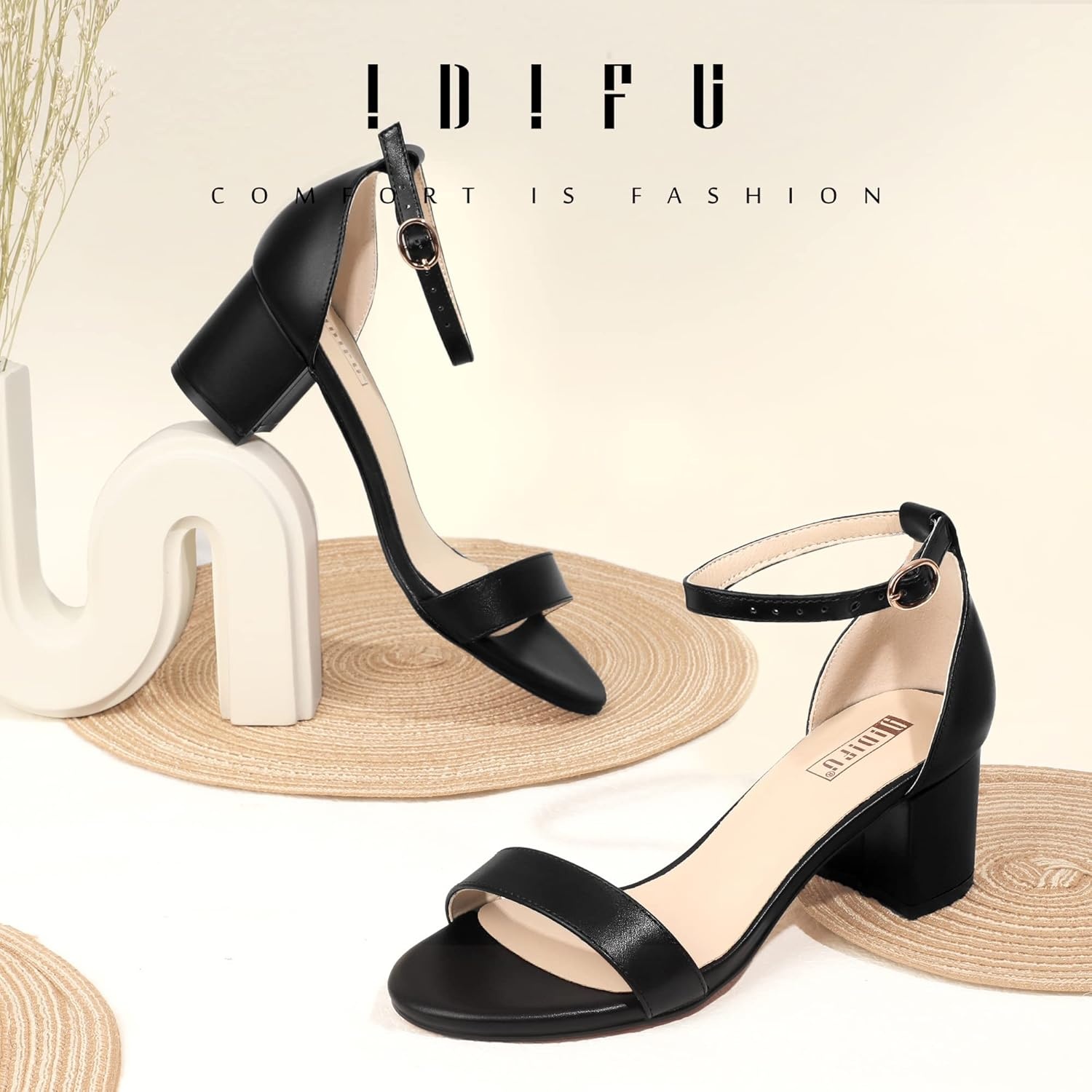 image:imageIDIFU Womens CookieLO Low Block Heels Chunky Sandals Ankle Strap Wedding Dress Pump ShoesCookielo Black Pu