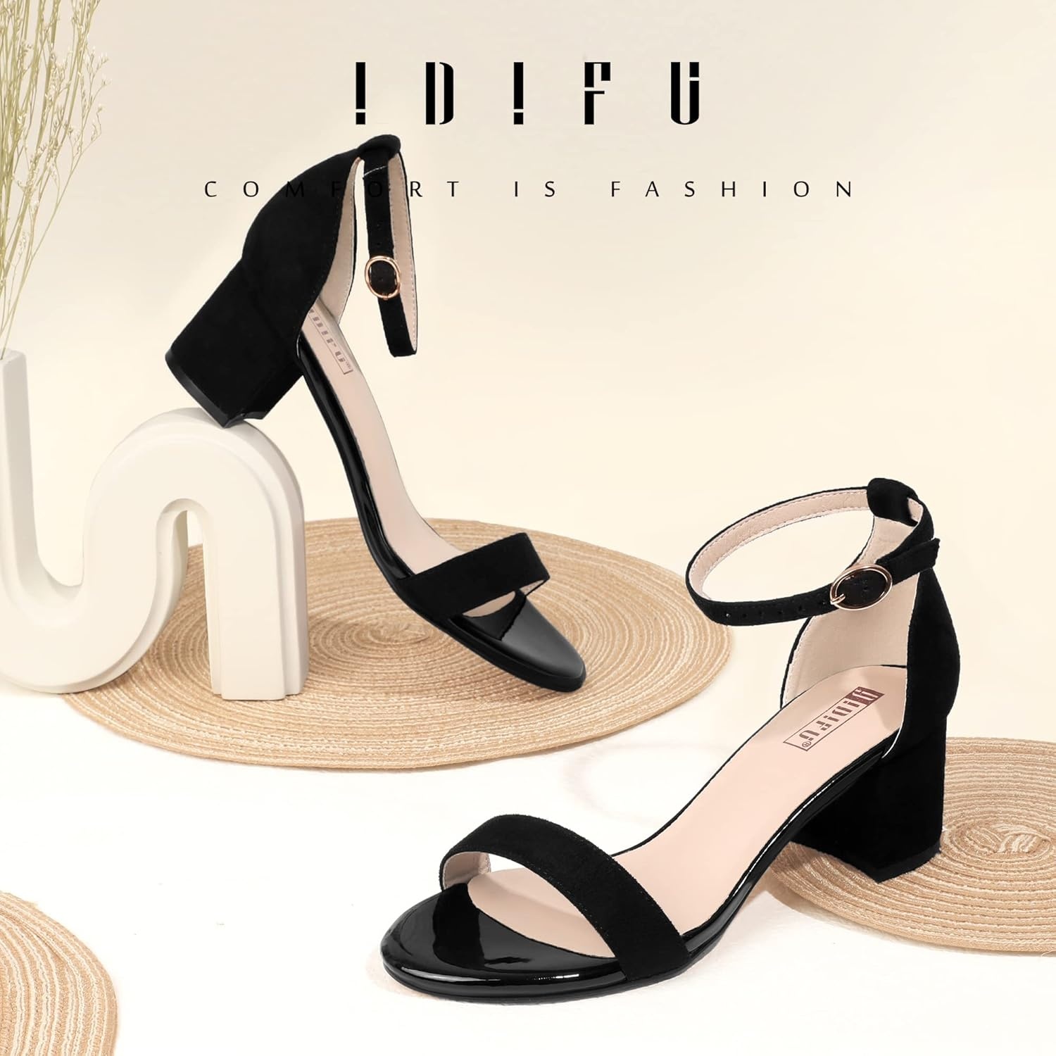 image:imageIDIFU Womens CookieLO Low Block Heels Chunky Sandals Ankle Strap Wedding Dress Pump ShoesCookielo Black Suede