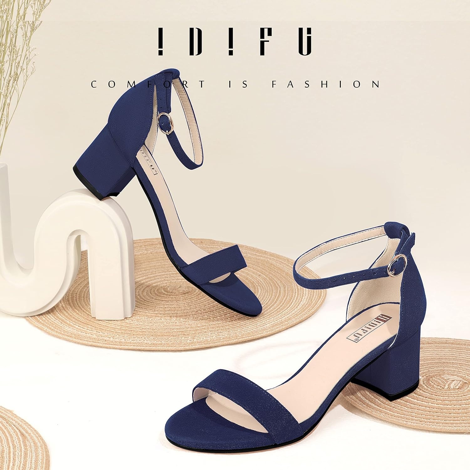 image:imageIDIFU Womens CookieLO Low Block Heels Chunky Sandals Ankle Strap Wedding Dress Pump ShoesCookielo Blue Suede