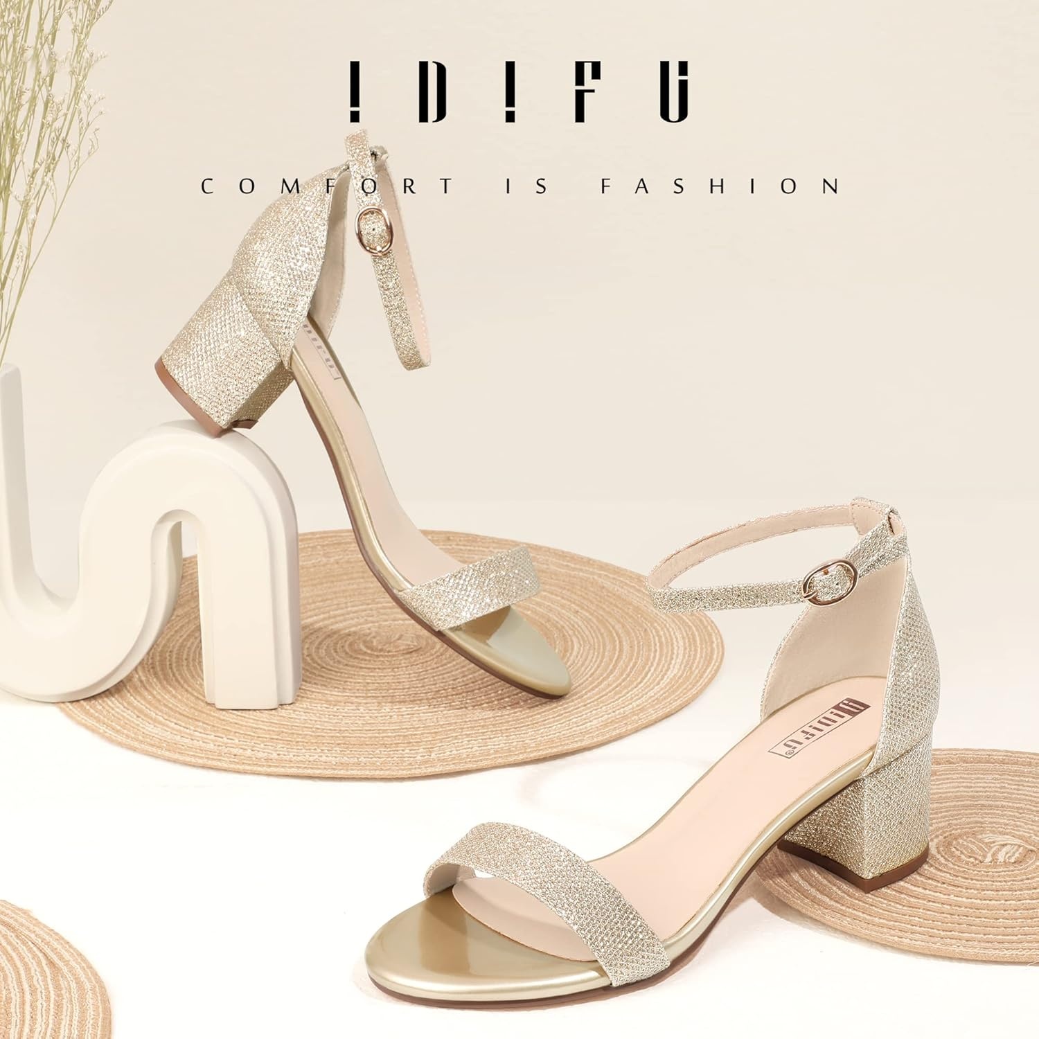 image:imageIDIFU Womens CookieLO Low Block Heels Chunky Sandals Ankle Strap Wedding Dress Pump ShoesCookielo Gold Glitter