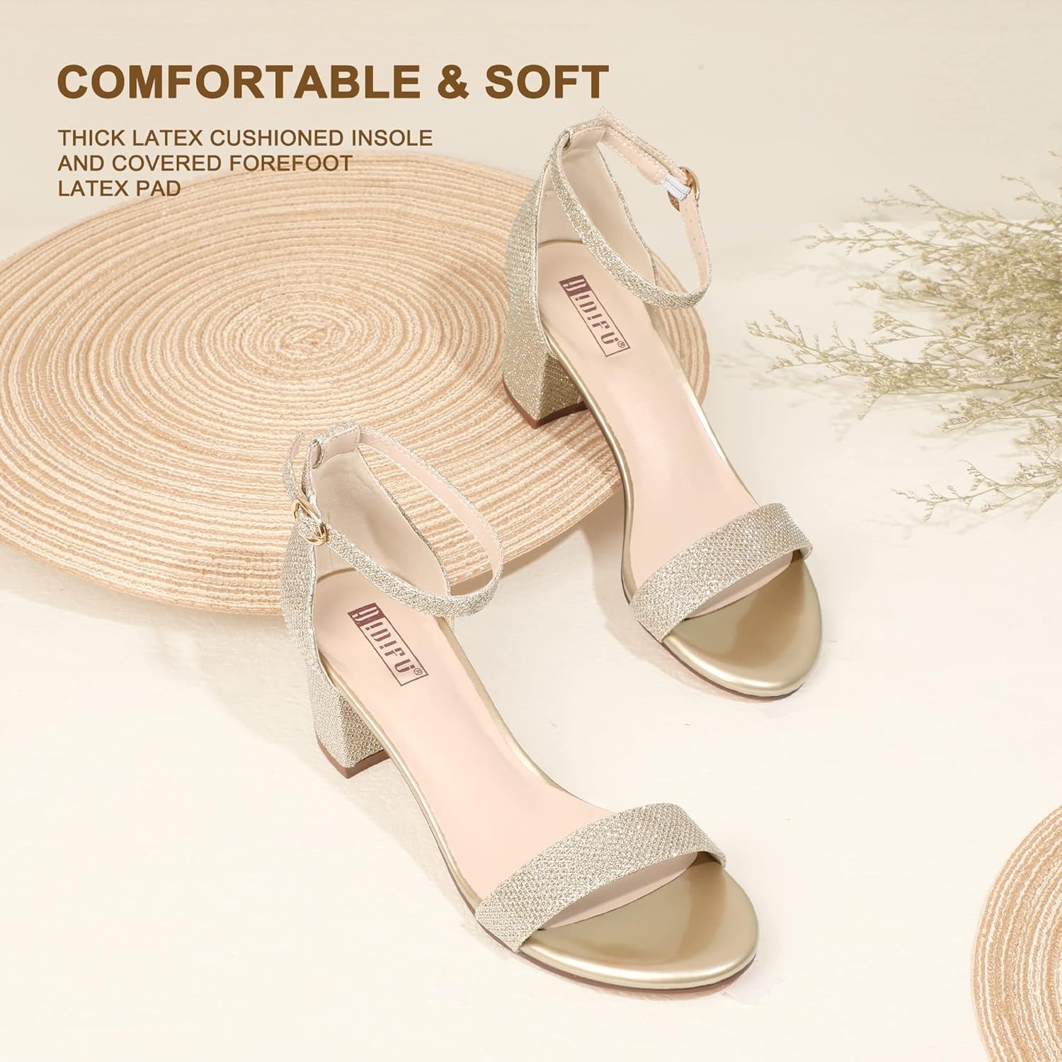 image:imageIDIFU Womens CookieLO Low Block Heels Chunky Sandals Ankle Strap Wedding Dress Pump ShoesCookielo Gold Glitter