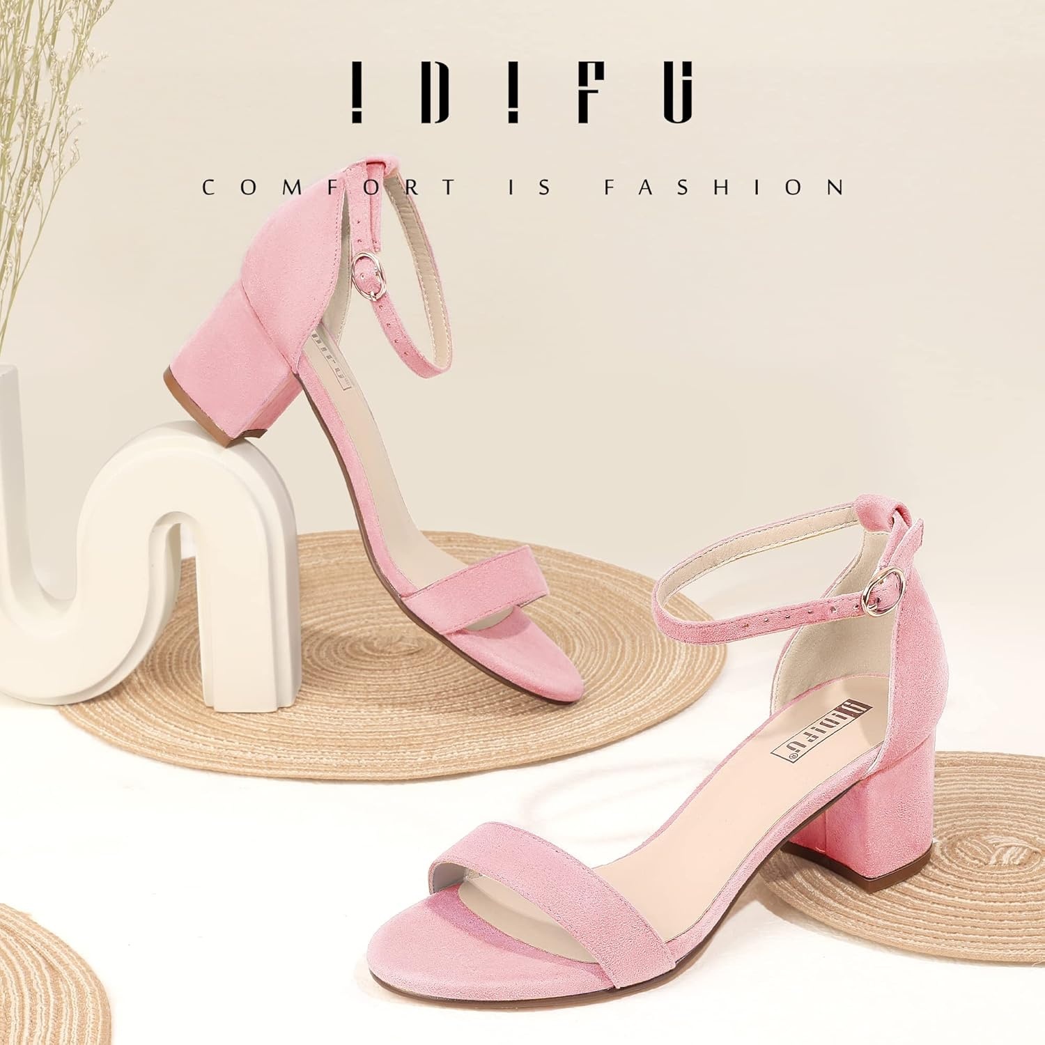 image:imageIDIFU Womens CookieLO Low Block Heels Chunky Sandals Ankle Strap Wedding Dress Pump ShoesCookielo Pink Suede