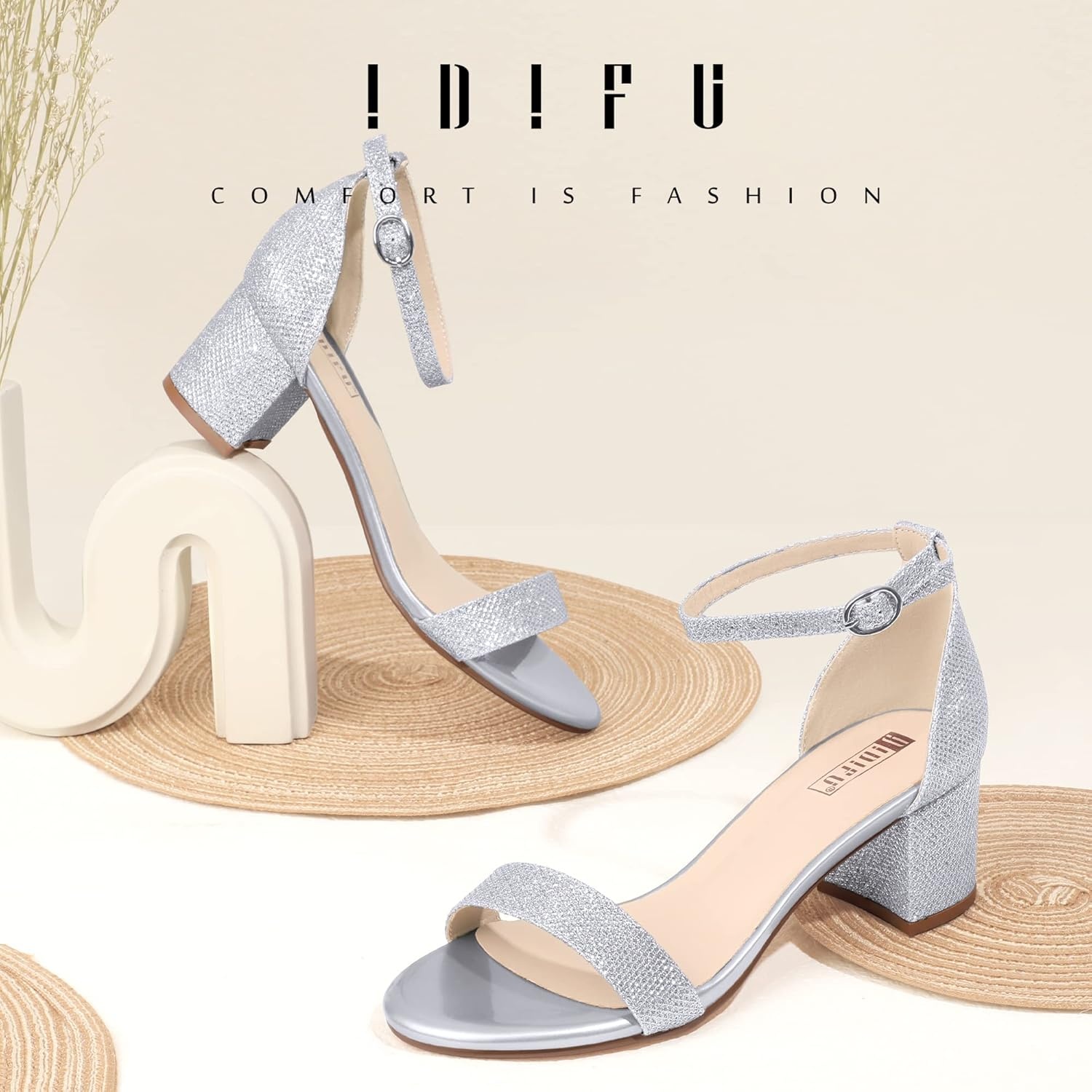 image:imageIDIFU Womens CookieLO Low Block Heels Chunky Sandals Ankle Strap Wedding Dress Pump ShoesCookielo Silver Glitter