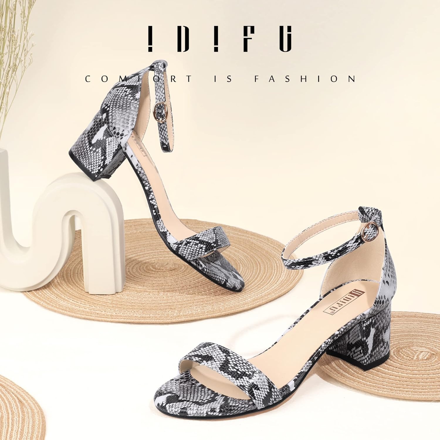 image:imageIDIFU Womens CookieLO Low Block Heels Chunky Sandals Ankle Strap Wedding Dress Pump ShoesCookielo Snake White