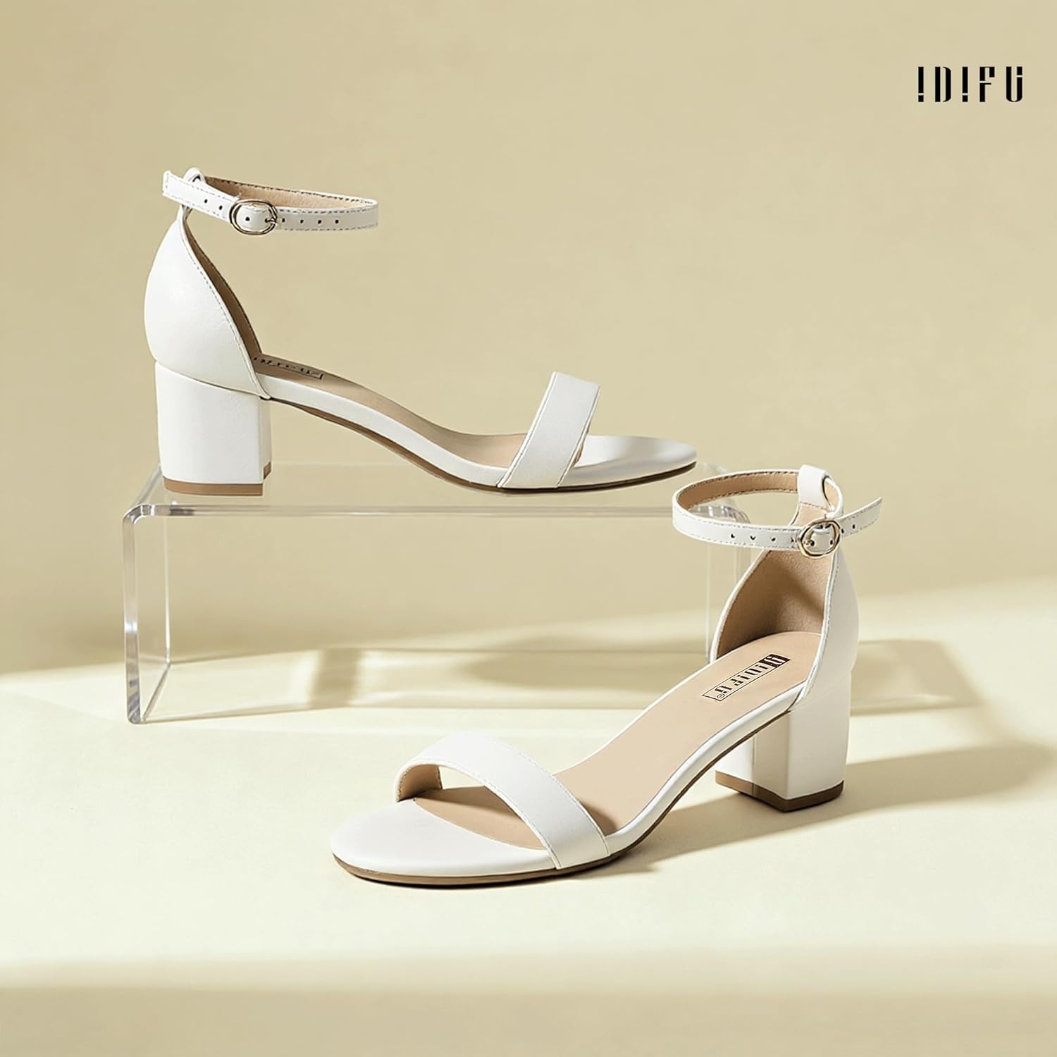 image:imageIDIFU Womens CookieLO Low Block Heels Chunky Sandals Ankle Strap Wedding Dress Pump ShoesCookielo White Pu
