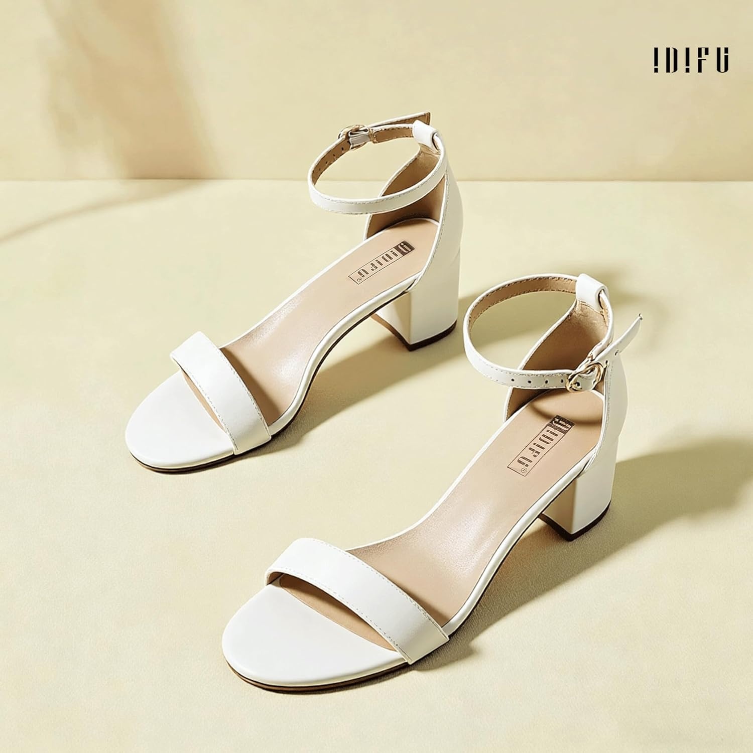 image:imageIDIFU Womens CookieLO Low Block Heels Chunky Sandals Ankle Strap Wedding Dress Pump ShoesCookielo White Pu