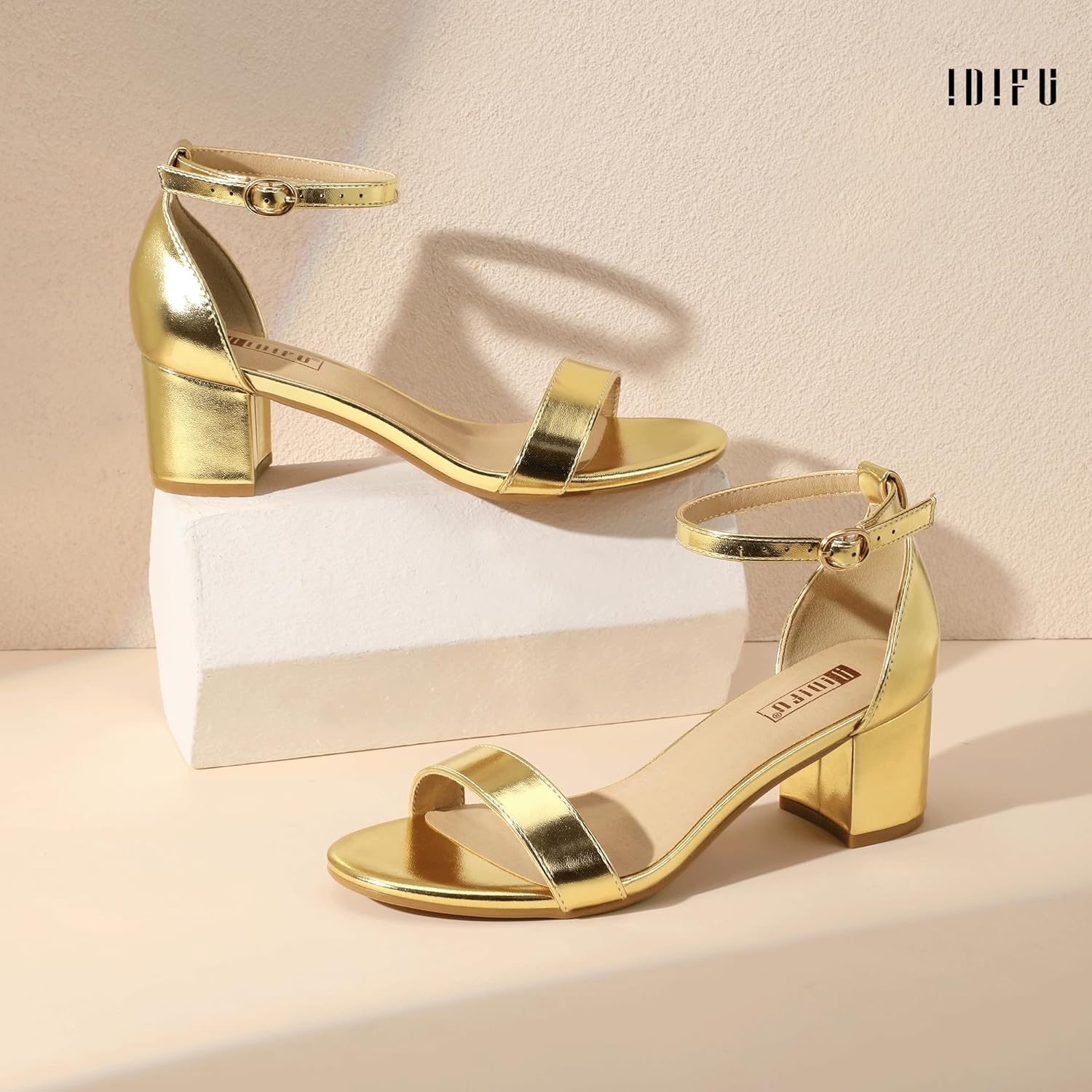 image:imageIDIFU Womens CookieLO Low Block Heels Chunky Sandals Ankle Strap Wedding Dress Pump ShoesGold Pu