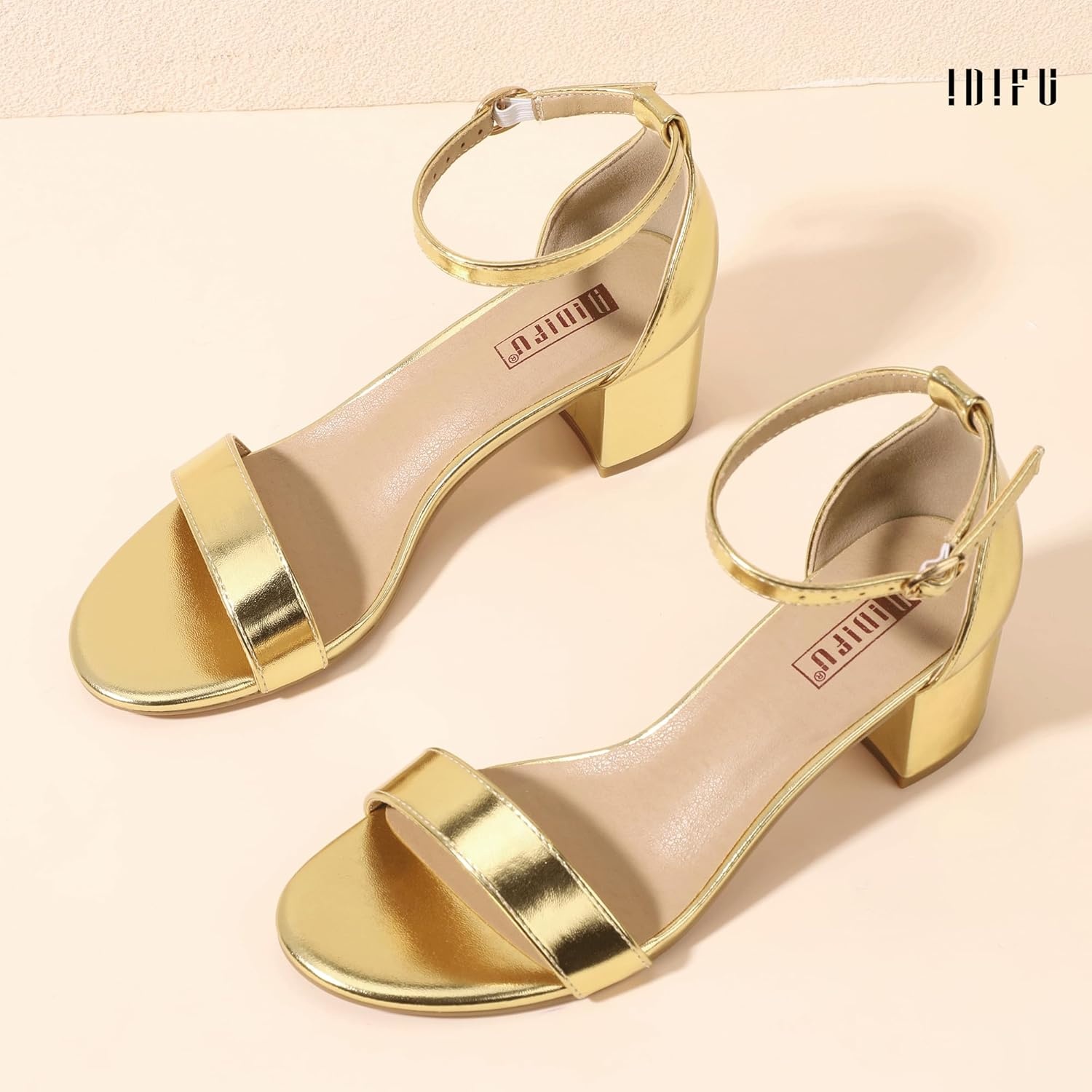 image:imageIDIFU Womens CookieLO Low Block Heels Chunky Sandals Ankle Strap Wedding Dress Pump ShoesGold Pu