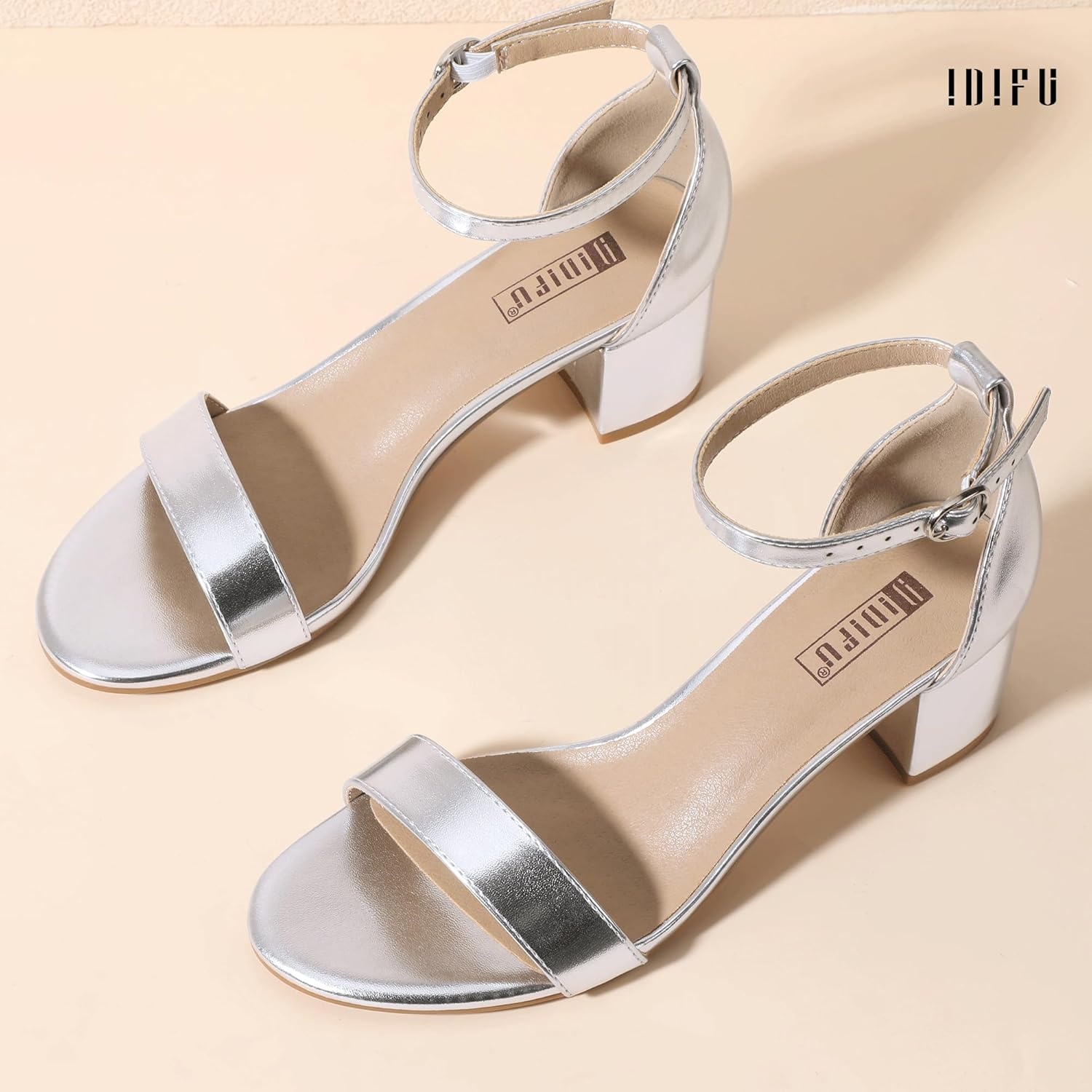 image:imageIDIFU Womens CookieLO Low Block Heels Chunky Sandals Ankle Strap Wedding Dress Pump ShoesSilver Pu