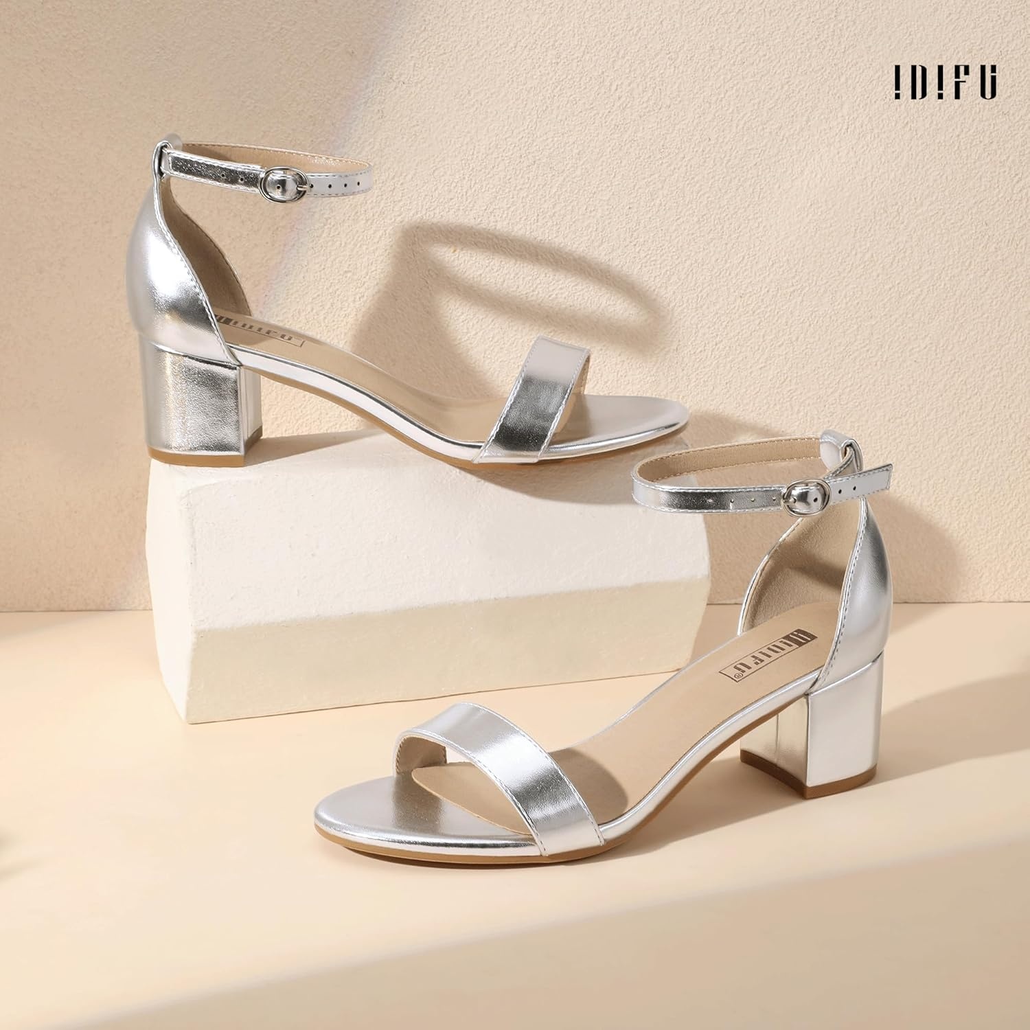 image:imageIDIFU Womens CookieLO Low Block Heels Chunky Sandals Ankle Strap Wedding Dress Pump ShoesSilver Pu