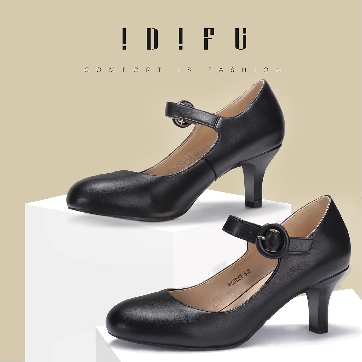 image:imageIDIFU Womens Jessy Dress Mary Jane Shoes Low Kitten Heels Closed Round Toe Office Work Wedding PumpsBlack Pu