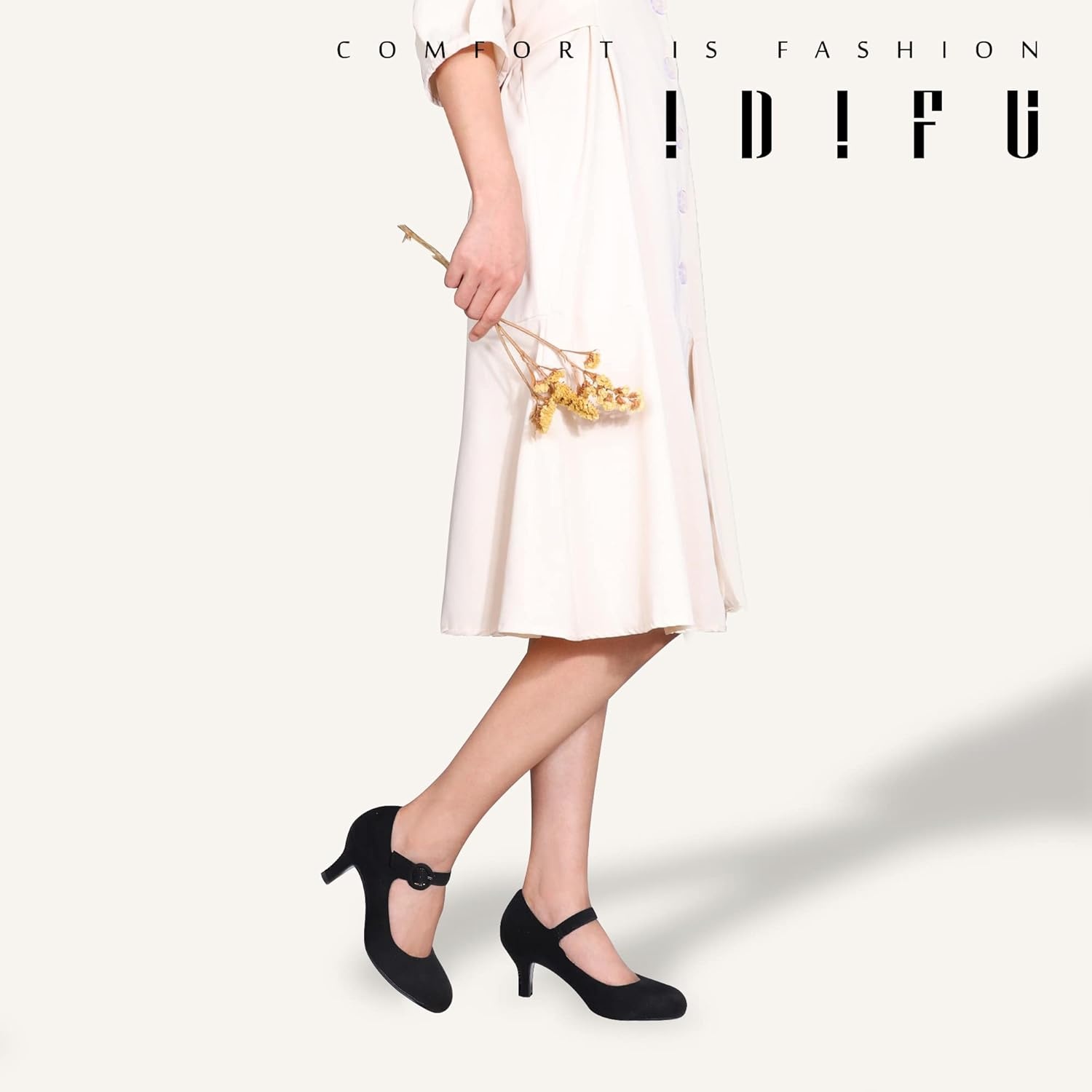 image:imageIDIFU Womens Jessy Dress Mary Jane Shoes Low Kitten Heels Closed Round Toe Office Work Wedding PumpsBlack Suede