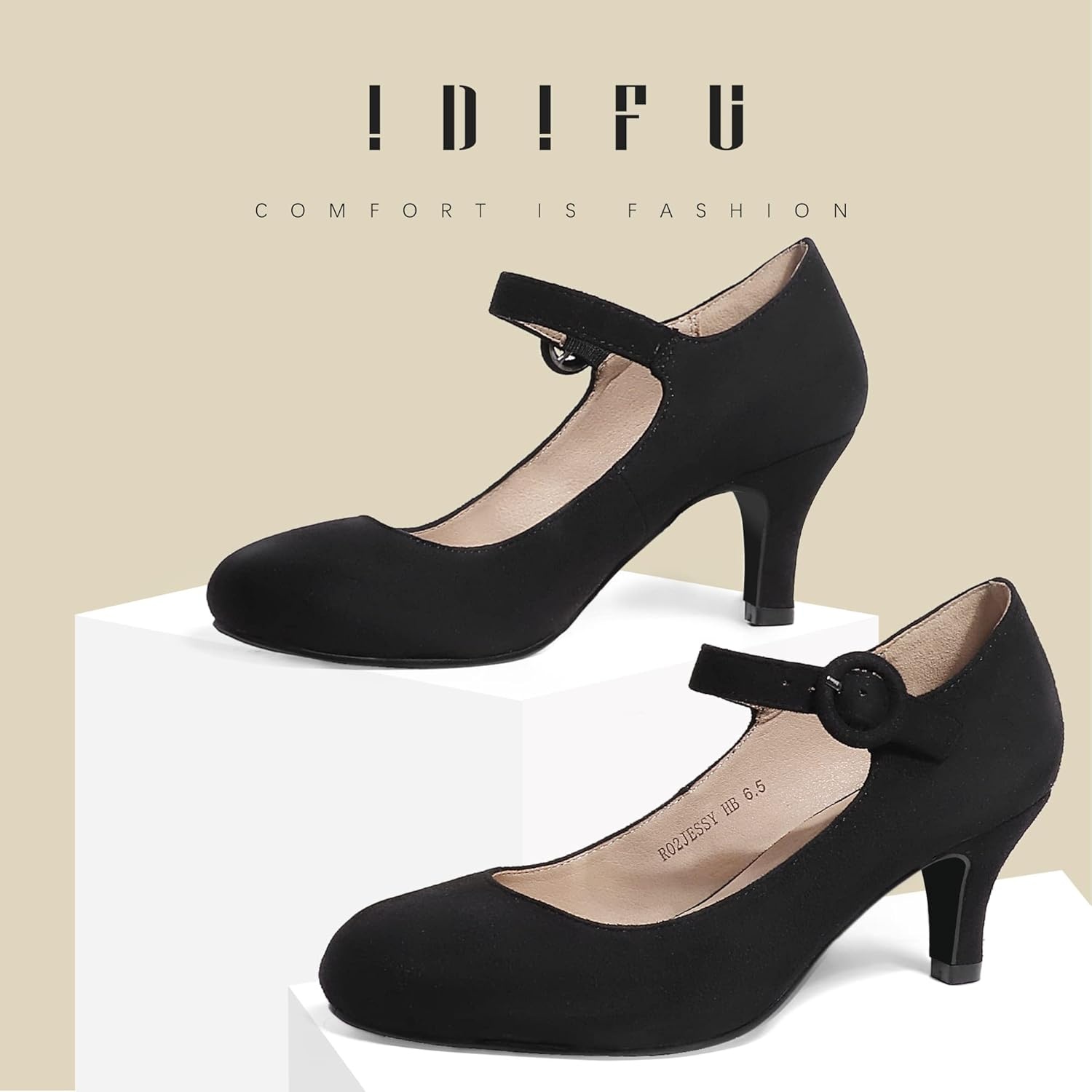 image:imageIDIFU Womens Jessy Dress Mary Jane Shoes Low Kitten Heels Closed Round Toe Office Work Wedding PumpsBlack Suede