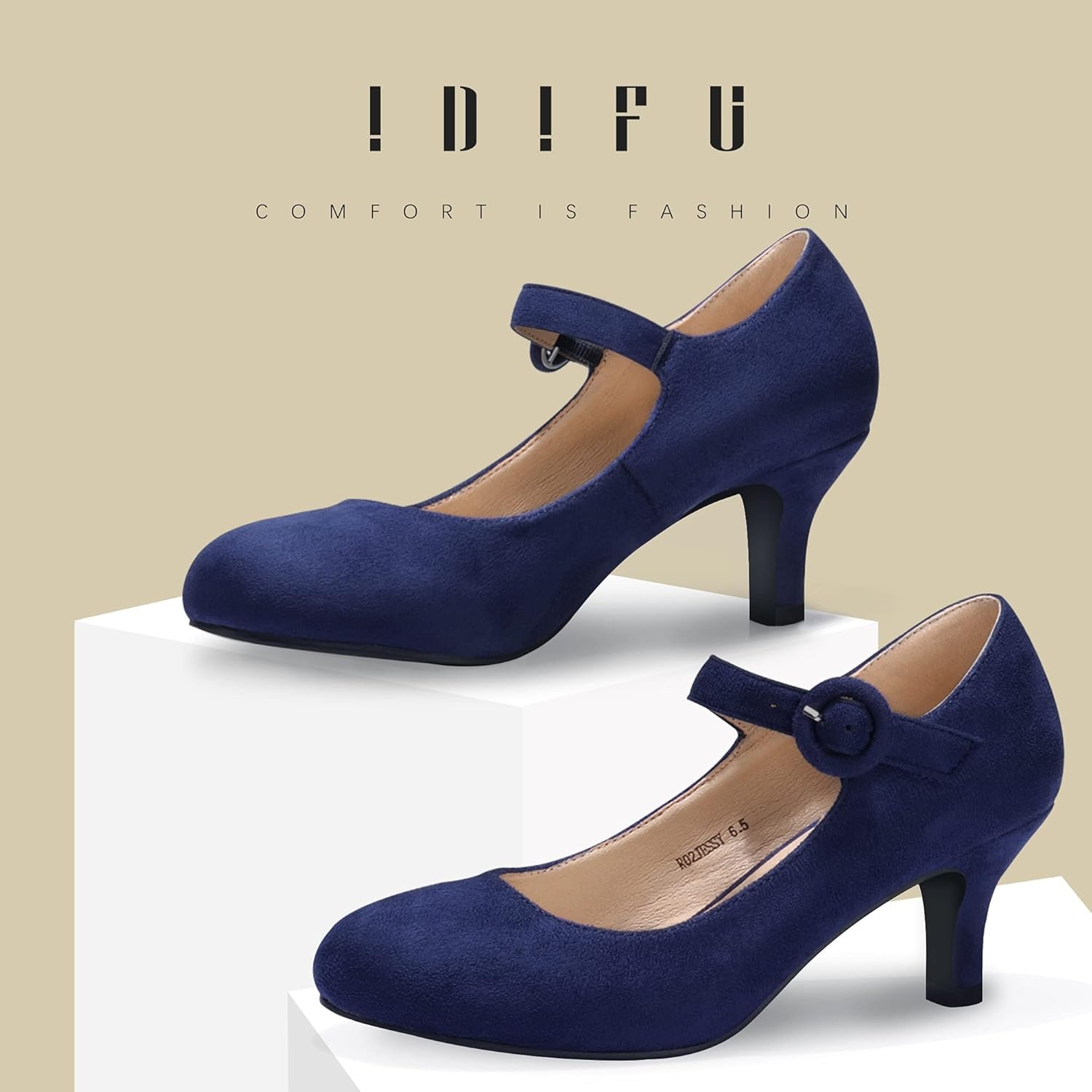 image:imageIDIFU Womens Jessy Dress Mary Jane Shoes Low Kitten Heels Closed Round Toe Office Work Wedding PumpsBlue Suede
