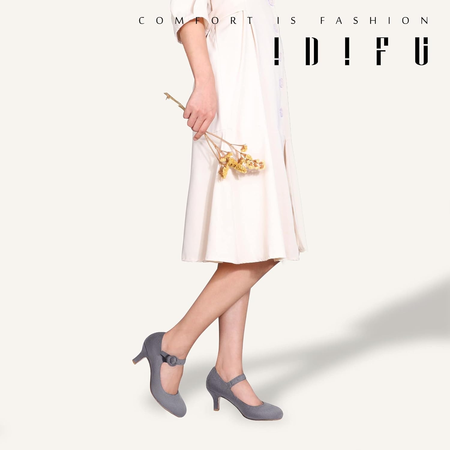 image:imageIDIFU Womens Jessy Dress Mary Jane Shoes Low Kitten Heels Closed Round Toe Office Work Wedding PumpsGray Suede