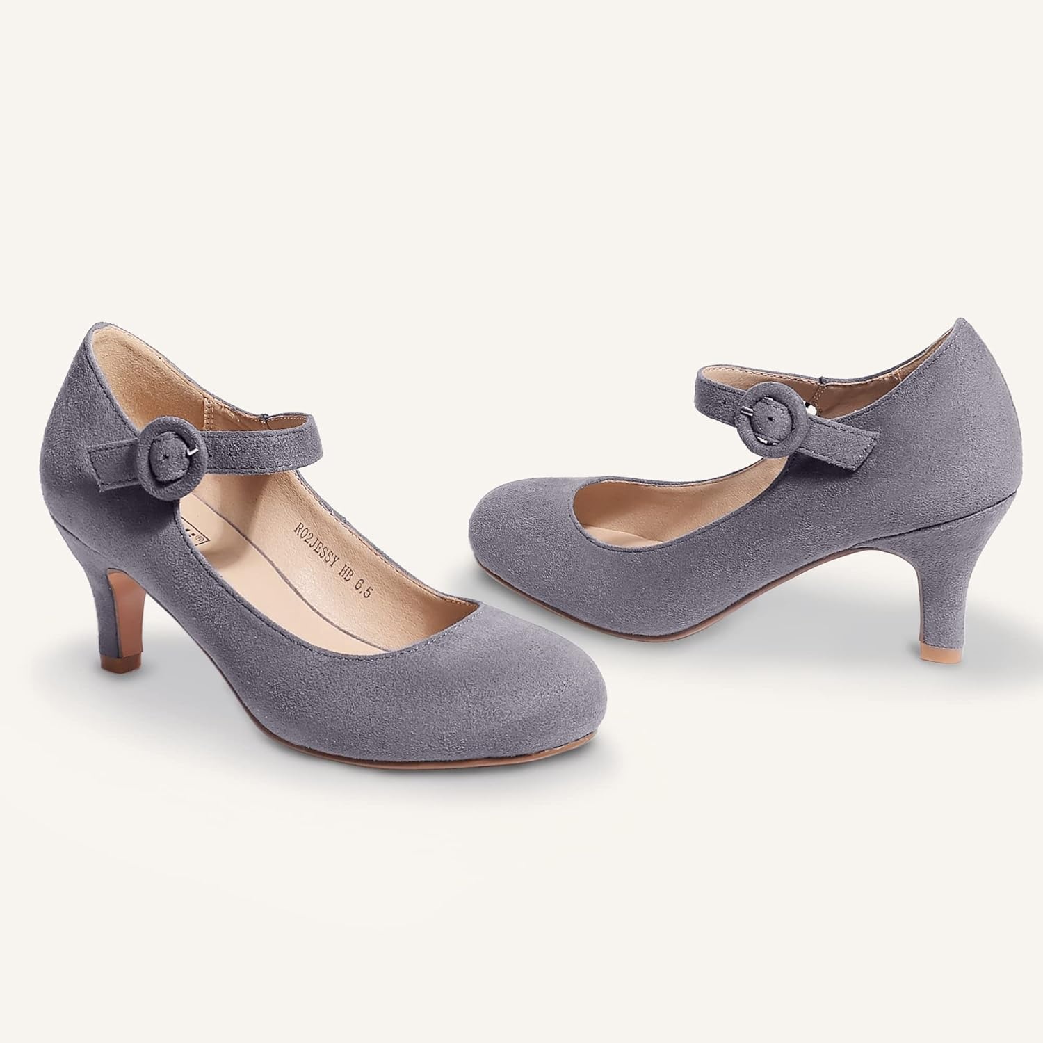 image:imageIDIFU Womens Jessy Dress Mary Jane Shoes Low Kitten Heels Closed Round Toe Office Work Wedding PumpsGray Suede