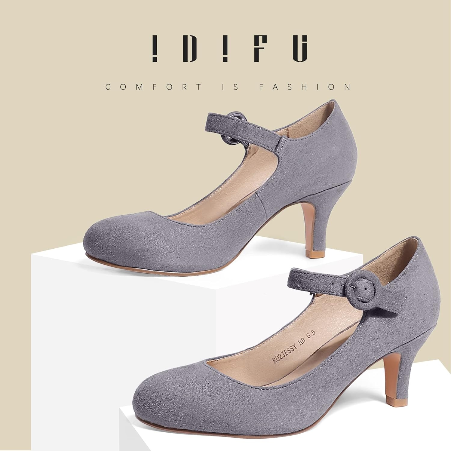 image:imageIDIFU Womens Jessy Dress Mary Jane Shoes Low Kitten Heels Closed Round Toe Office Work Wedding PumpsGray Suede