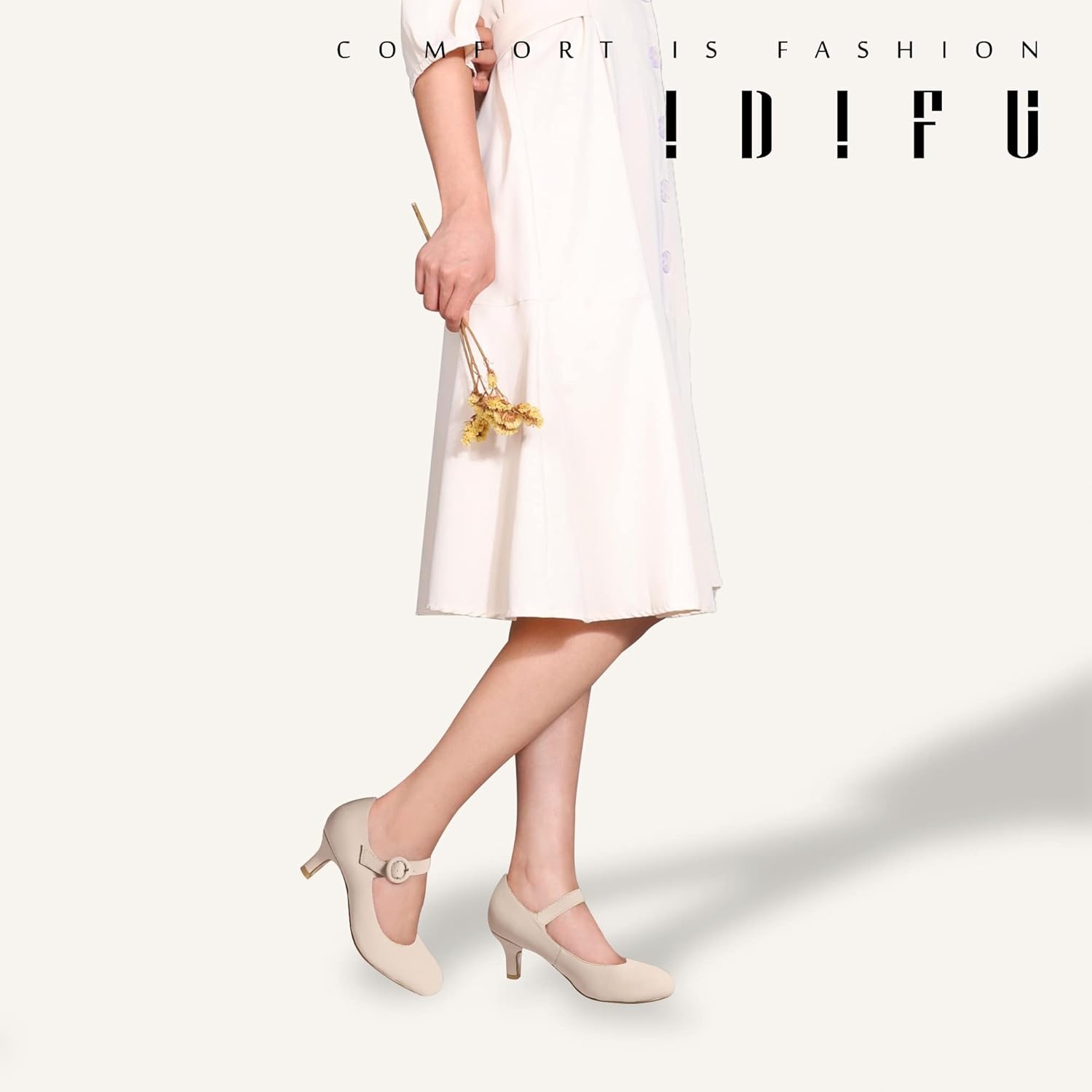 image:imageIDIFU Womens Jessy Dress Mary Jane Shoes Low Kitten Heels Closed Round Toe Office Work Wedding PumpsNude Nubuck
