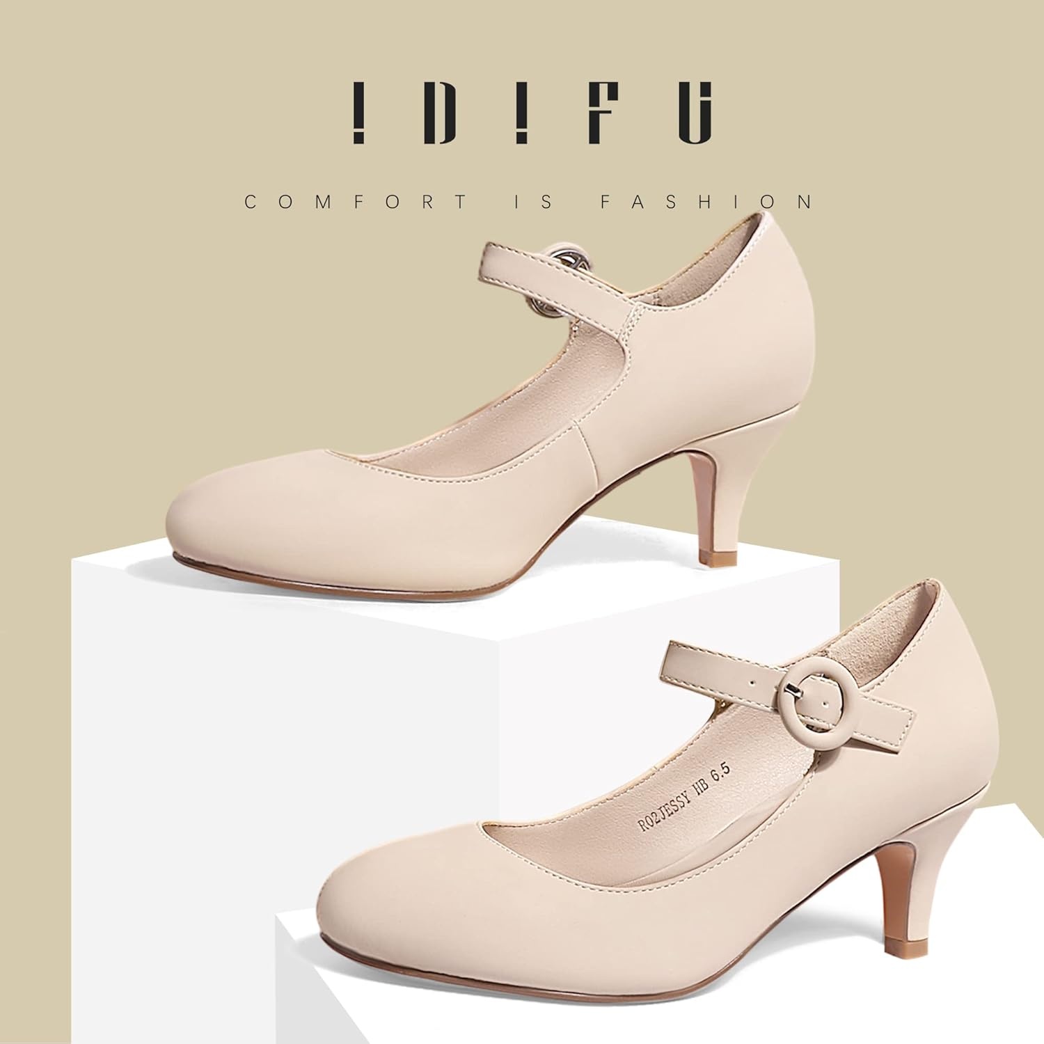 image:imageIDIFU Womens Jessy Dress Mary Jane Shoes Low Kitten Heels Closed Round Toe Office Work Wedding PumpsNude Nubuck